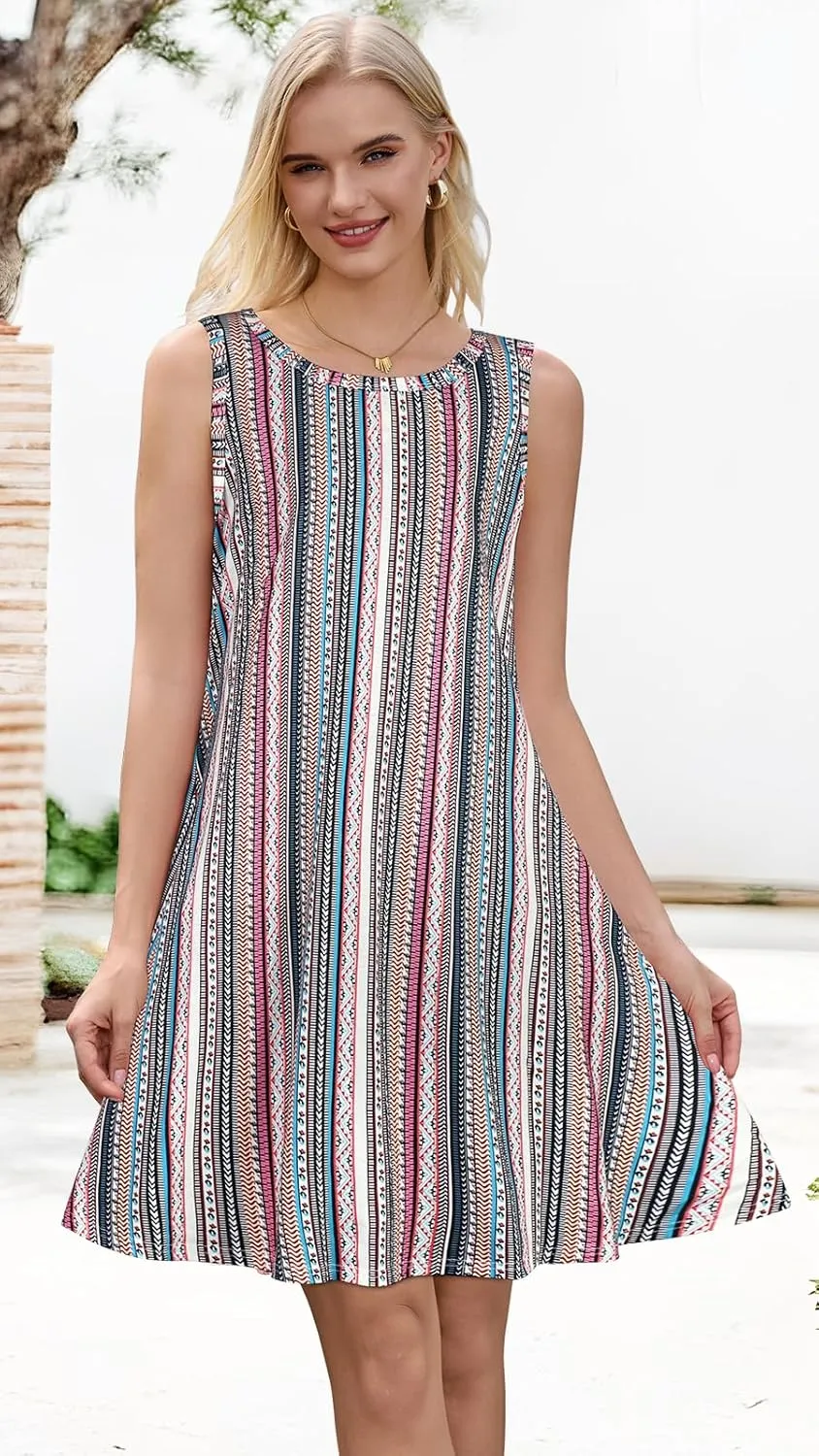 Summer Dresses for Women Beach Boho Sleeveless Vintage Floral Flowy Pocket Tshirt Tank Sundresses