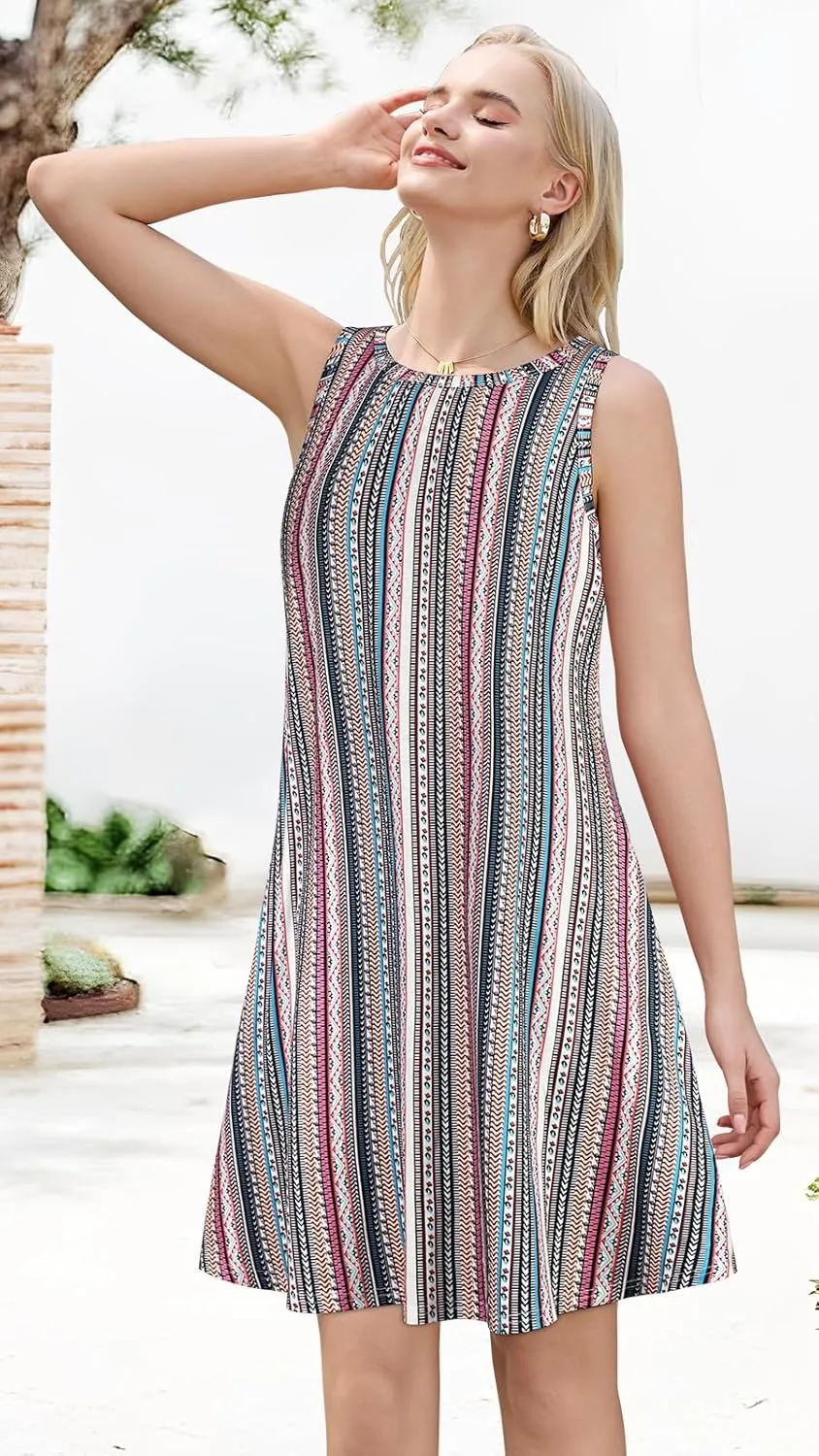Summer Dresses for Women Beach Boho Sleeveless Vintage Floral Flowy Pocket Tshirt Tank Sundresses