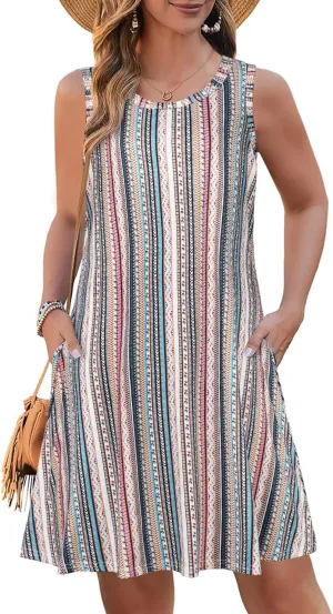 Summer Dresses for Women Beach Boho Sleeveless Vintage Floral Flowy Pocket Tshirt Tank Sundresses