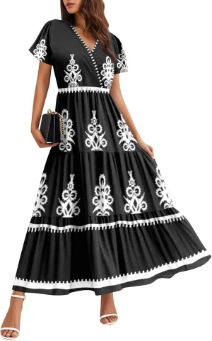 Summer Dresses for Women Boho Maxi Dresses Casual V Neck Short Sleeve A-line Empire Waist Long Flowy Beach Dress