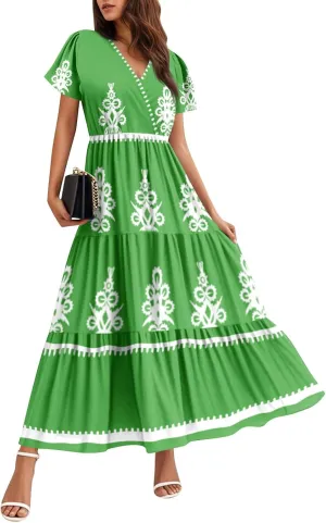 Summer Dresses for Women Boho Maxi Dresses Casual V Neck Short Sleeve A-line Empire Waist Long Flowy Beach Dress