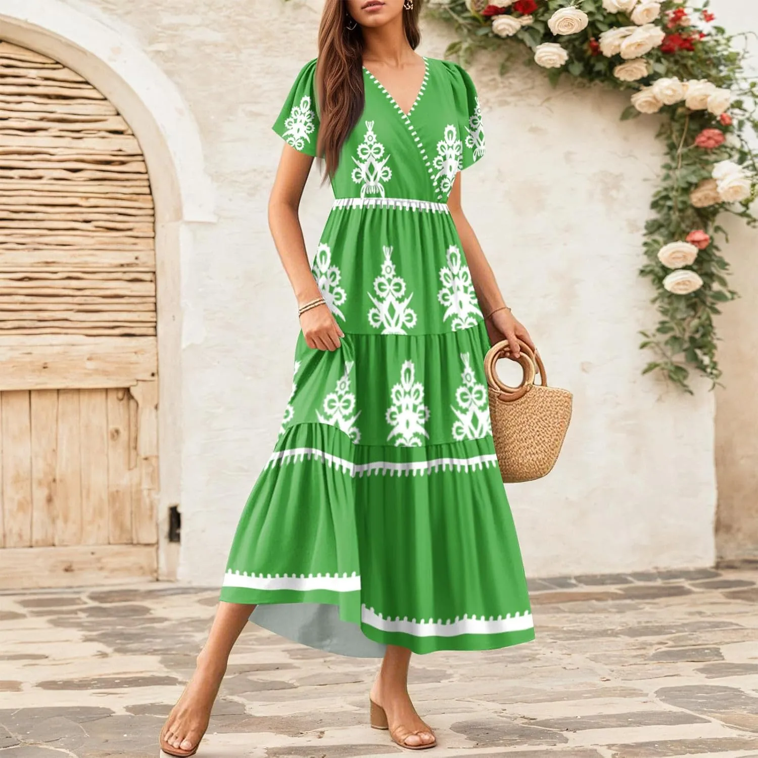 Summer Dresses for Women Boho Maxi Dresses Casual V Neck Short Sleeve A-line Empire Waist Long Flowy Beach Dress