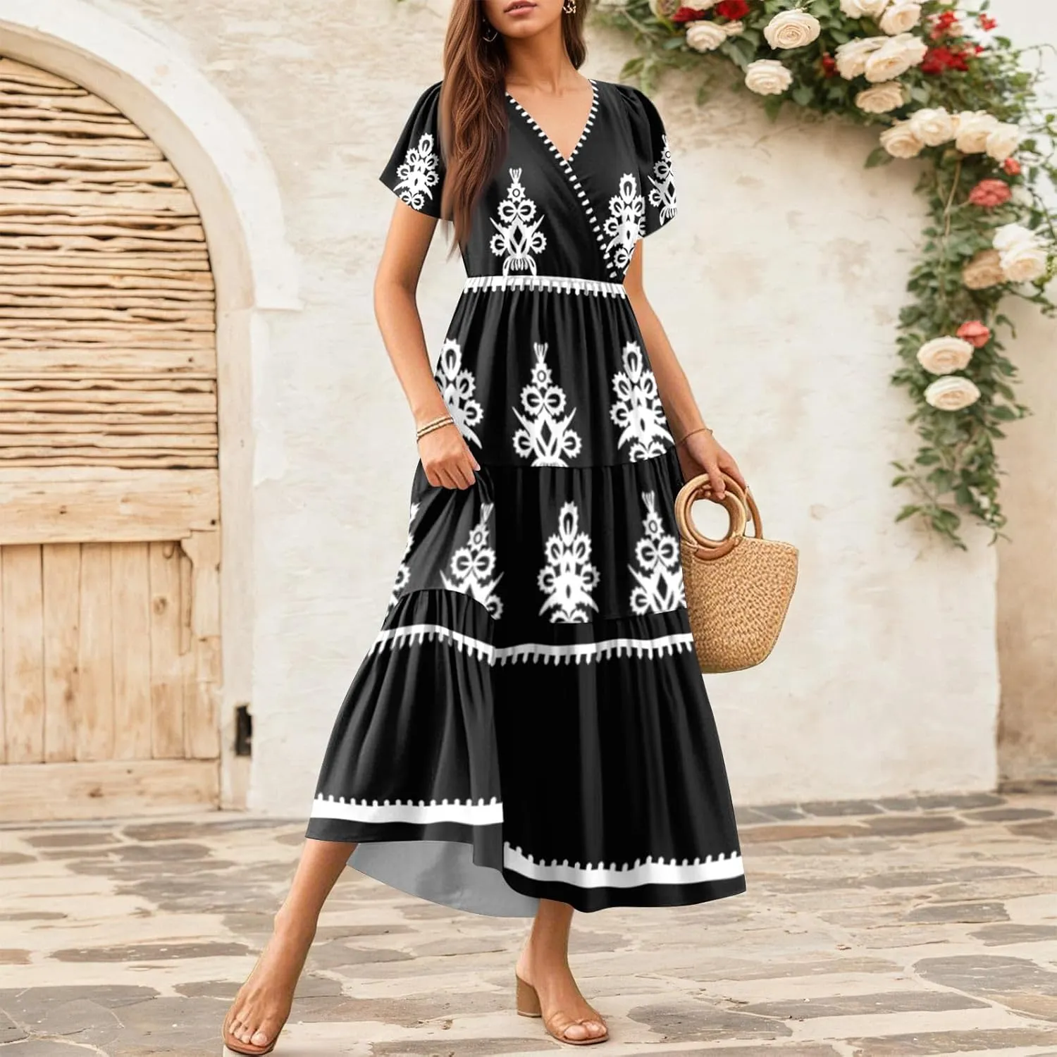 Summer Dresses for Women Boho Maxi Dresses Casual V Neck Short Sleeve A-line Empire Waist Long Flowy Beach Dress