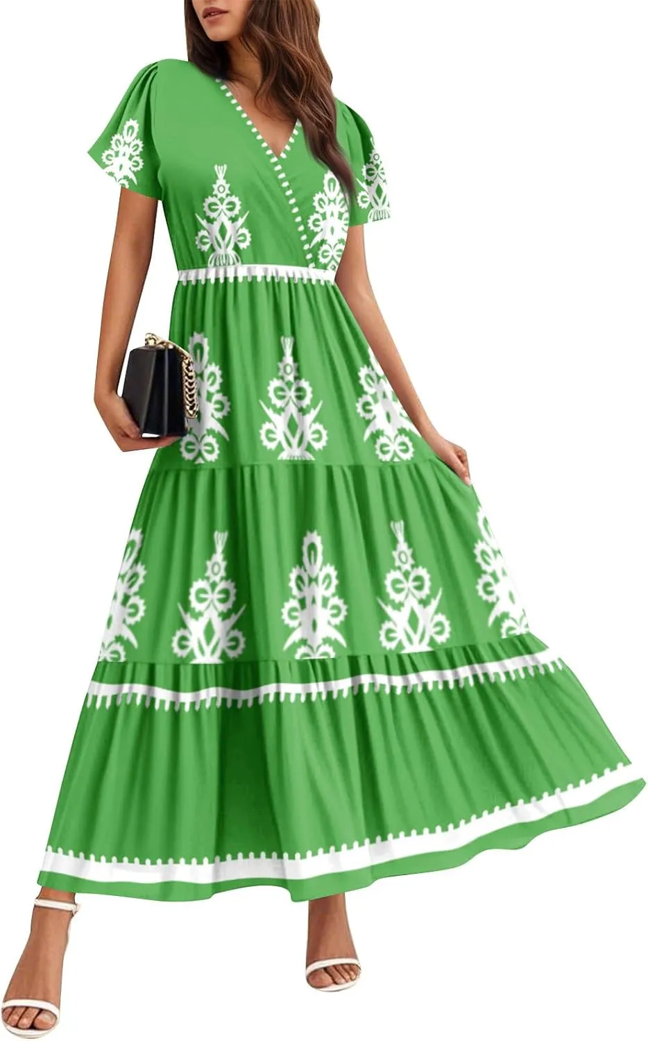 Summer Dresses for Women Boho Maxi Dresses Casual V Neck Short Sleeve A-line Empire Waist Long Flowy Beach Dress