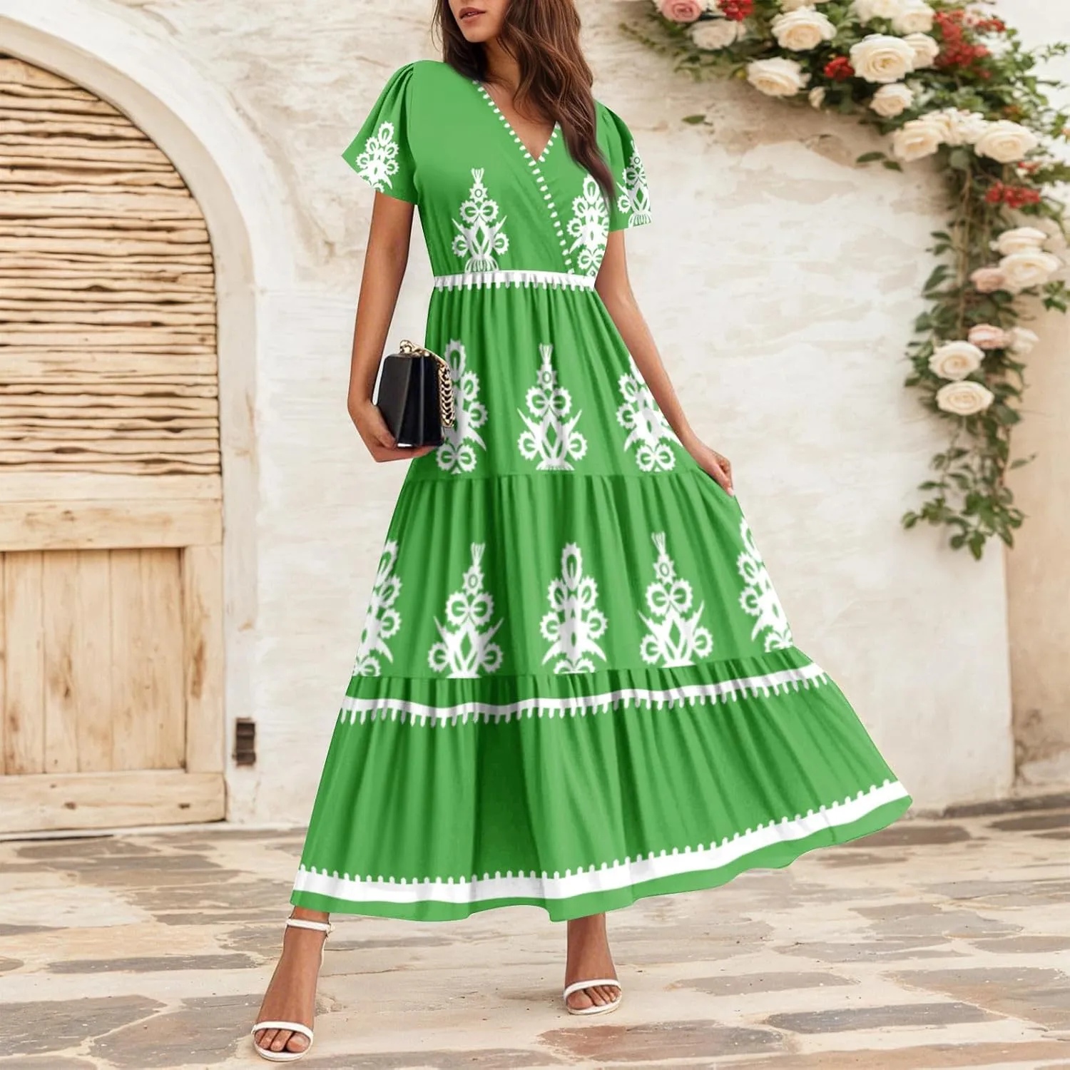 Summer Dresses for Women Boho Maxi Dresses Casual V Neck Short Sleeve A-line Empire Waist Long Flowy Beach Dress