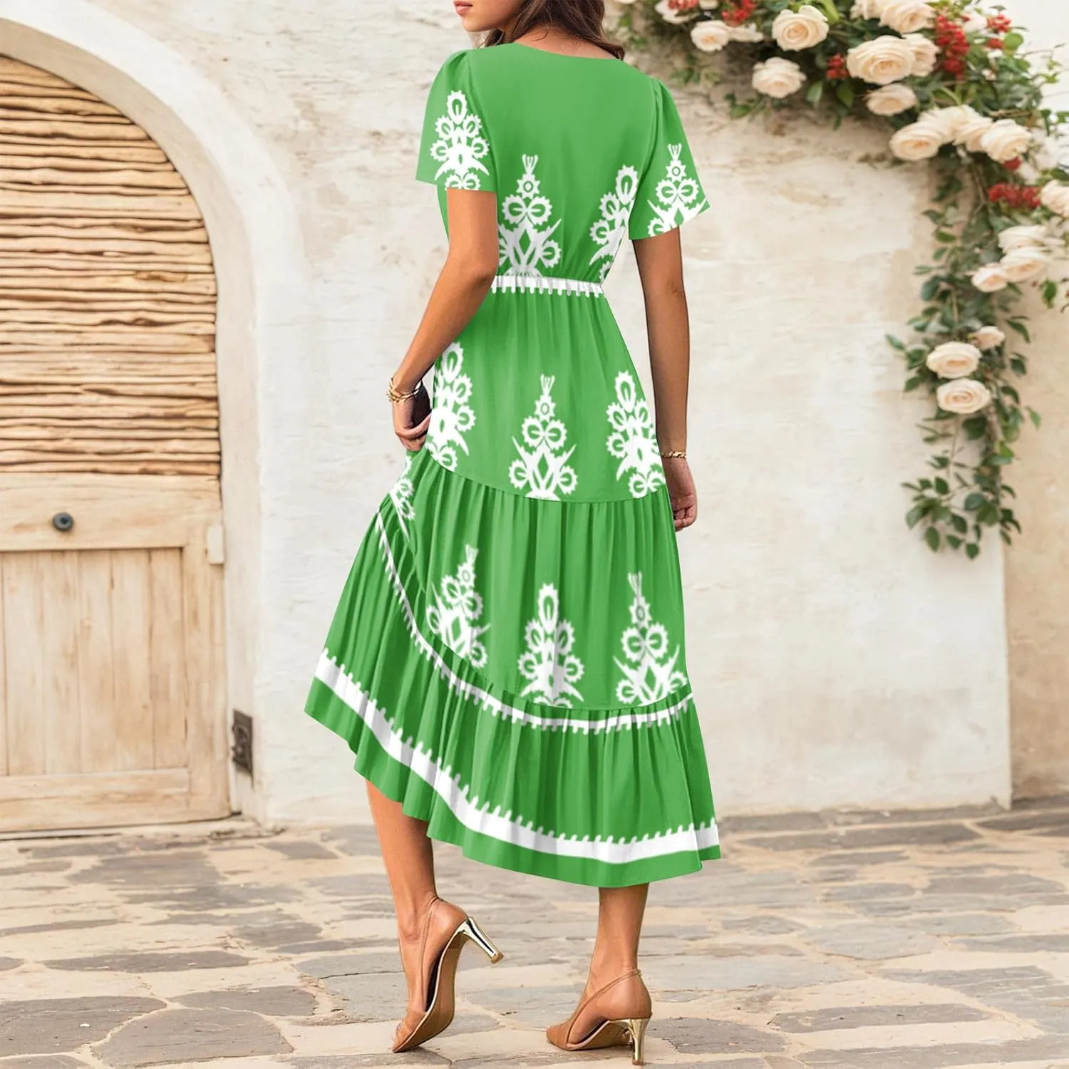 Summer Dresses for Women Boho Maxi Dresses Casual V Neck Short Sleeve A-line Empire Waist Long Flowy Beach Dress