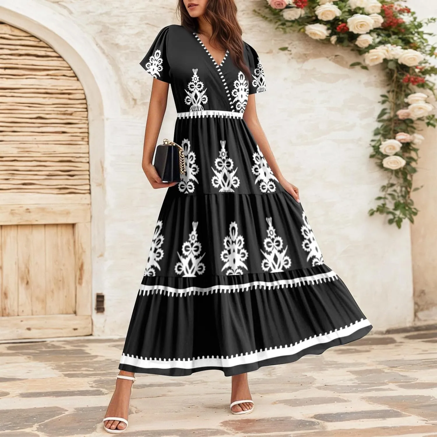 Summer Dresses for Women Boho Maxi Dresses Casual V Neck Short Sleeve A-line Empire Waist Long Flowy Beach Dress