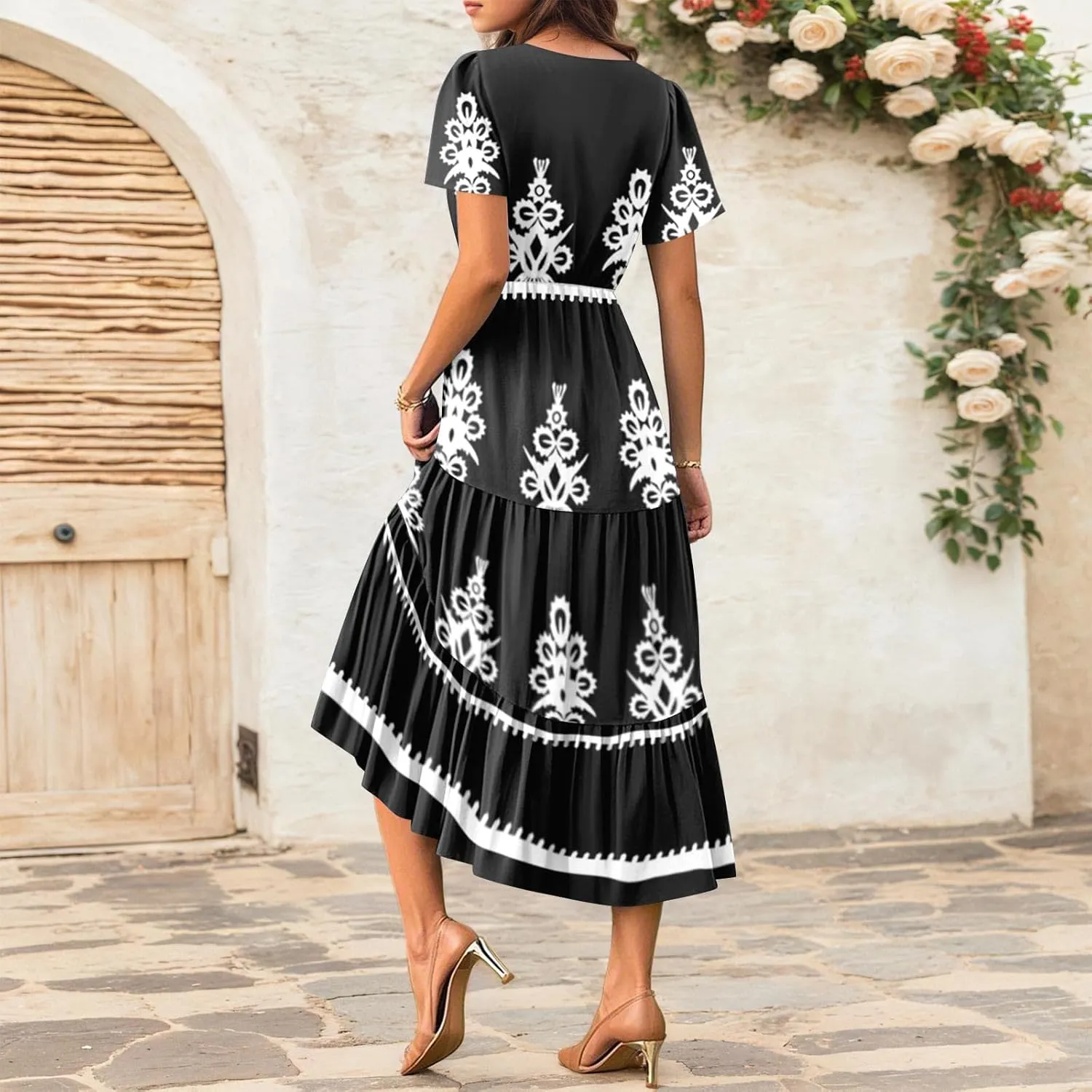 Summer Dresses for Women Boho Maxi Dresses Casual V Neck Short Sleeve A-line Empire Waist Long Flowy Beach Dress