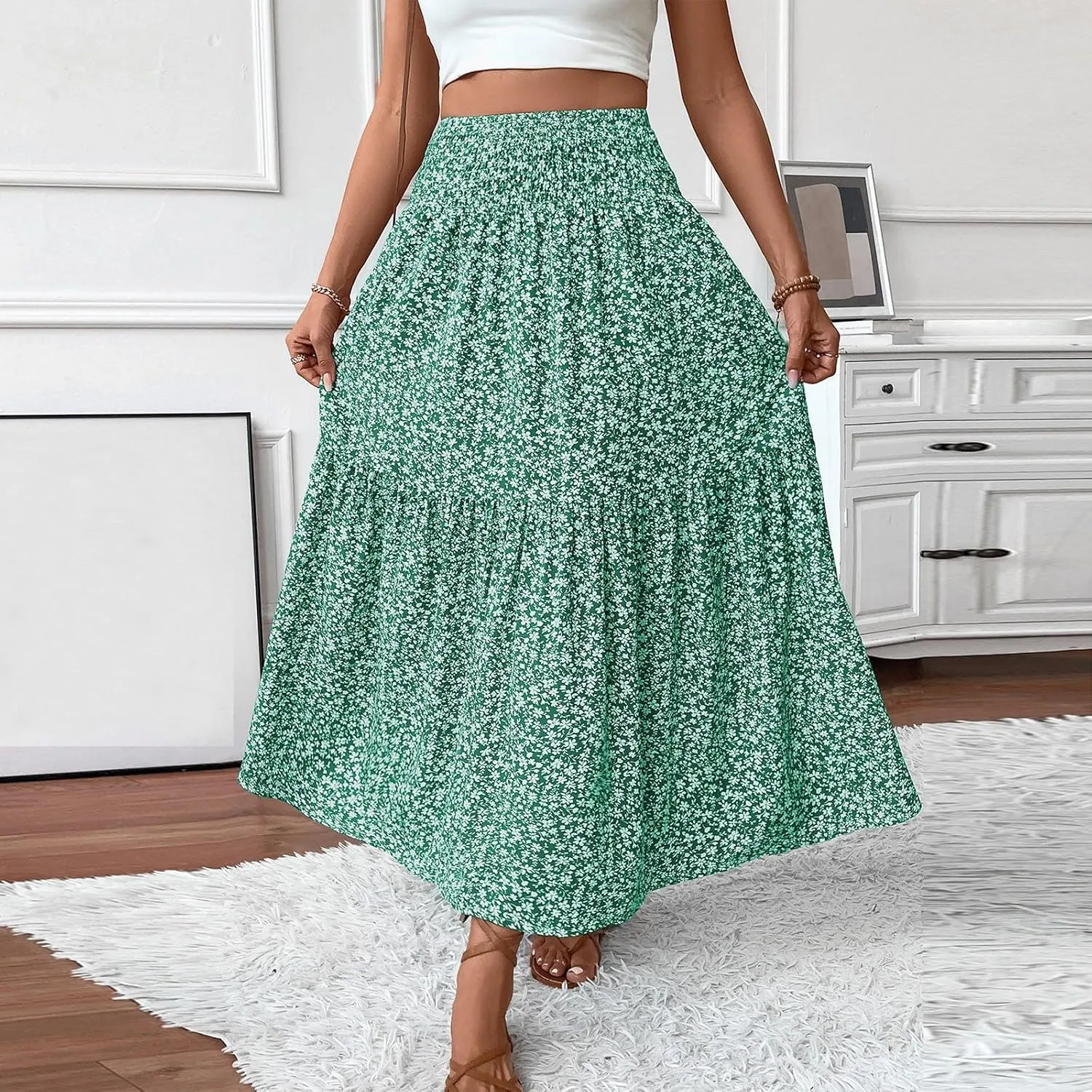Summer Skirts for Women Maxi Skirt with Pockets Fashion Floral Print Elastic High Waisted Long Flowy Skirt