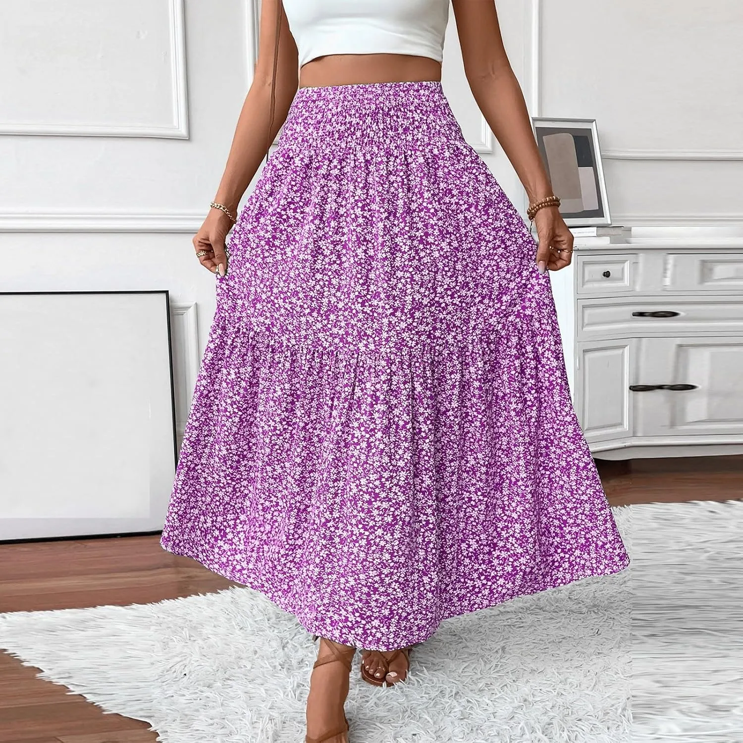 Summer Skirts for Women Maxi Skirt with Pockets Fashion Floral Print Elastic High Waisted Long Flowy Skirt