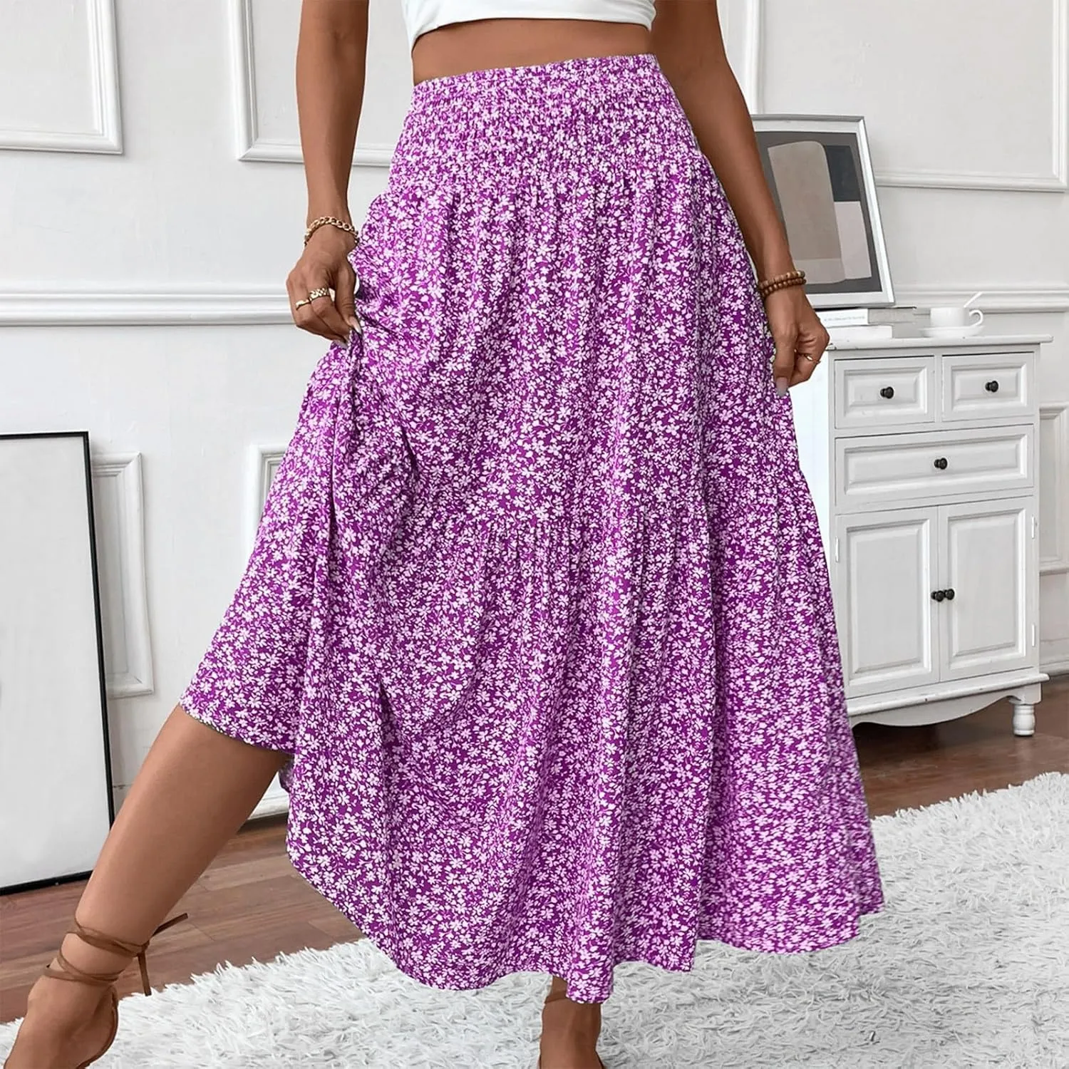 Summer Skirts for Women Maxi Skirt with Pockets Fashion Floral Print Elastic High Waisted Long Flowy Skirt