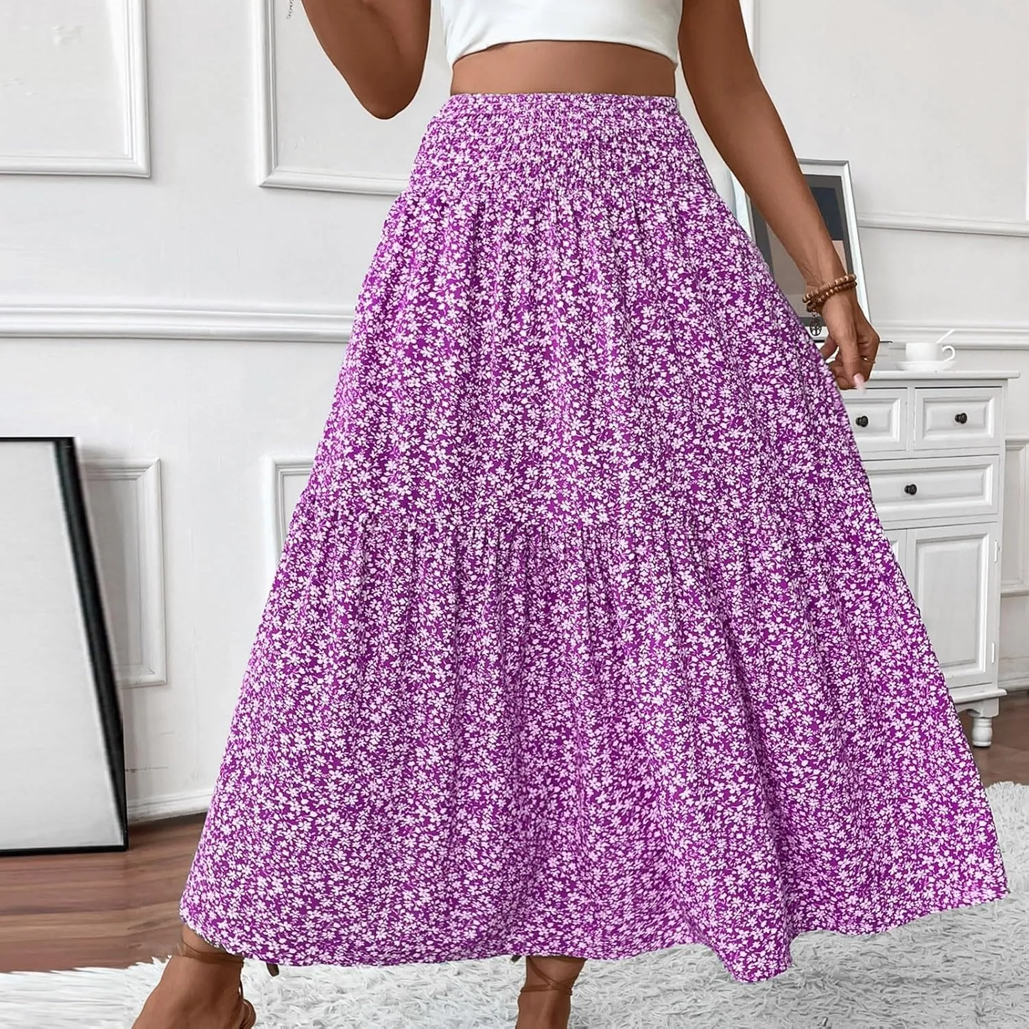 Summer Skirts for Women Maxi Skirt with Pockets Fashion Floral Print Elastic High Waisted Long Flowy Skirt