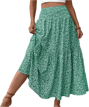 Summer Skirts for Women Maxi Skirt with Pockets Fashion Floral Print Elastic High Waisted Long Flowy Skirt