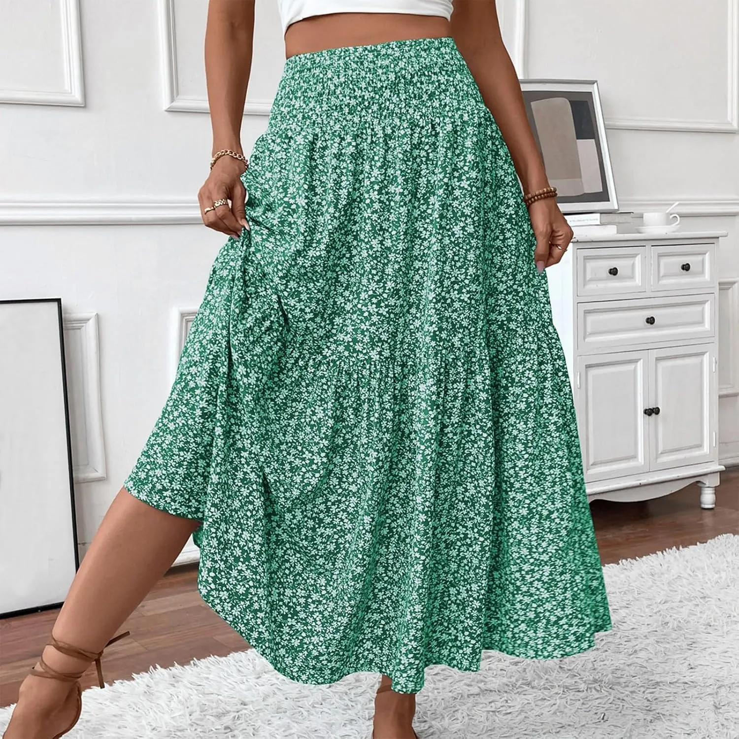 Summer Skirts for Women Maxi Skirt with Pockets Fashion Floral Print Elastic High Waisted Long Flowy Skirt