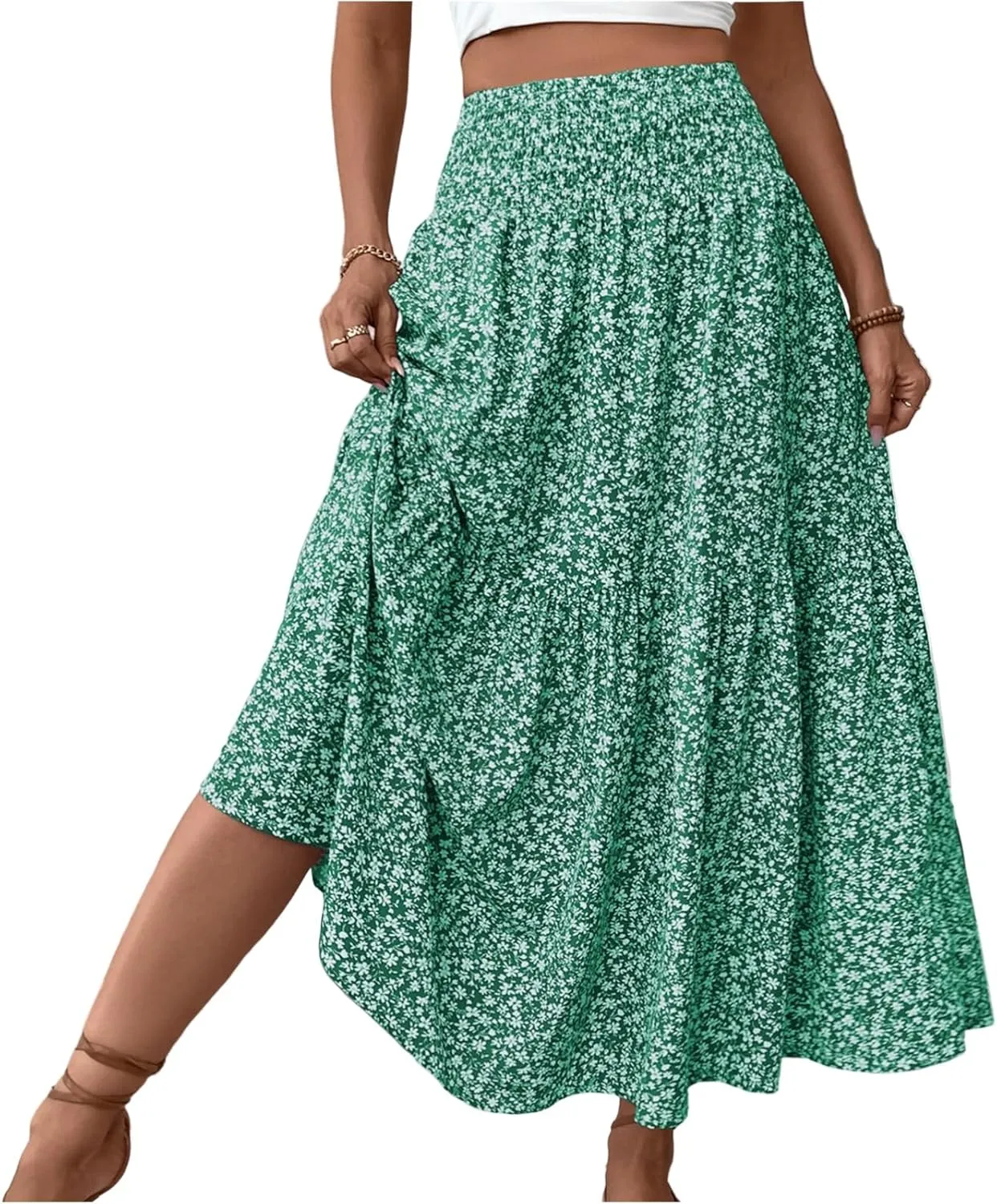 Summer Skirts for Women Maxi Skirt with Pockets Fashion Floral Print Elastic High Waisted Long Flowy Skirt