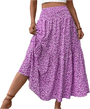 Summer Skirts for Women Maxi Skirt with Pockets Fashion Floral Print Elastic High Waisted Long Flowy Skirt