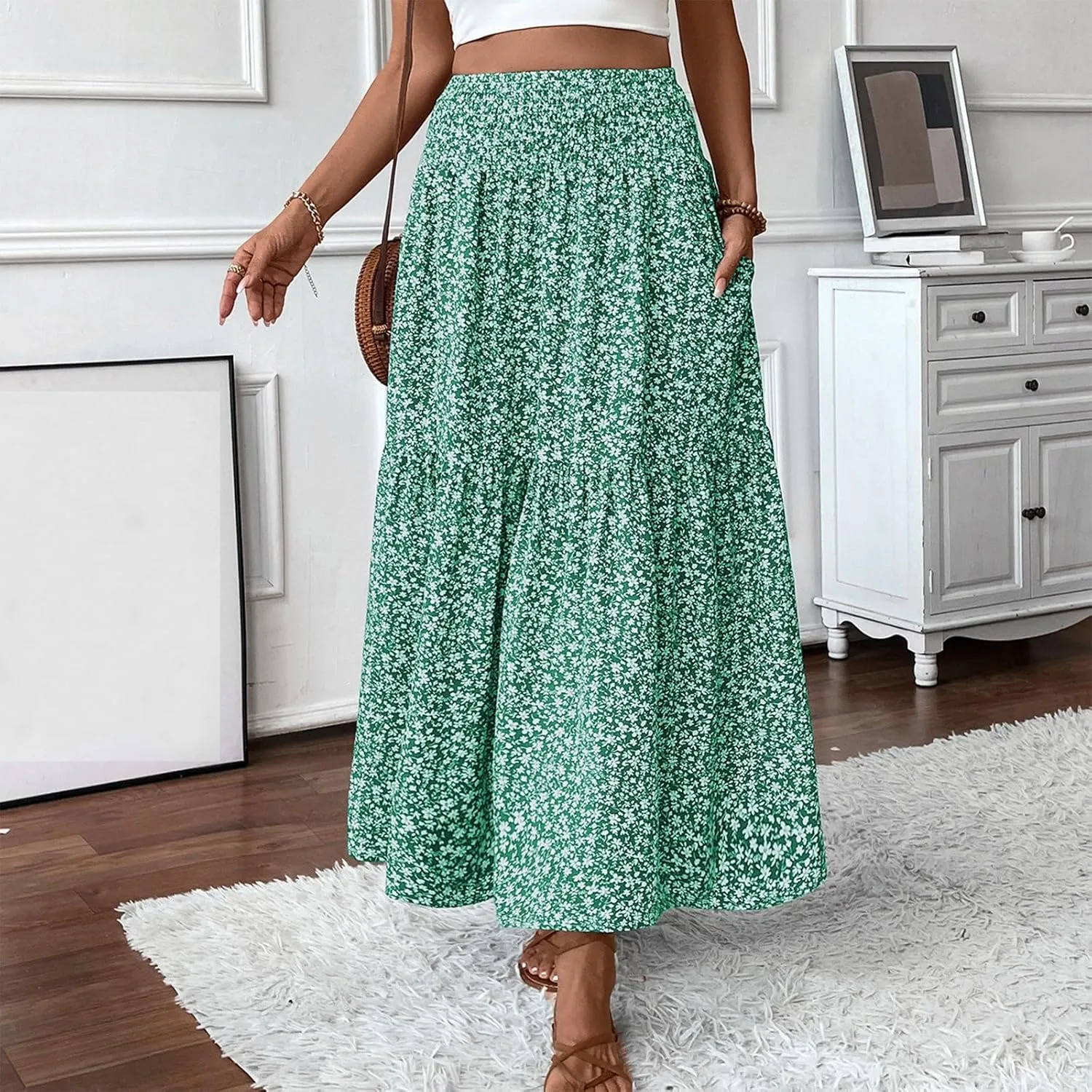 Summer Skirts for Women Maxi Skirt with Pockets Fashion Floral Print Elastic High Waisted Long Flowy Skirt