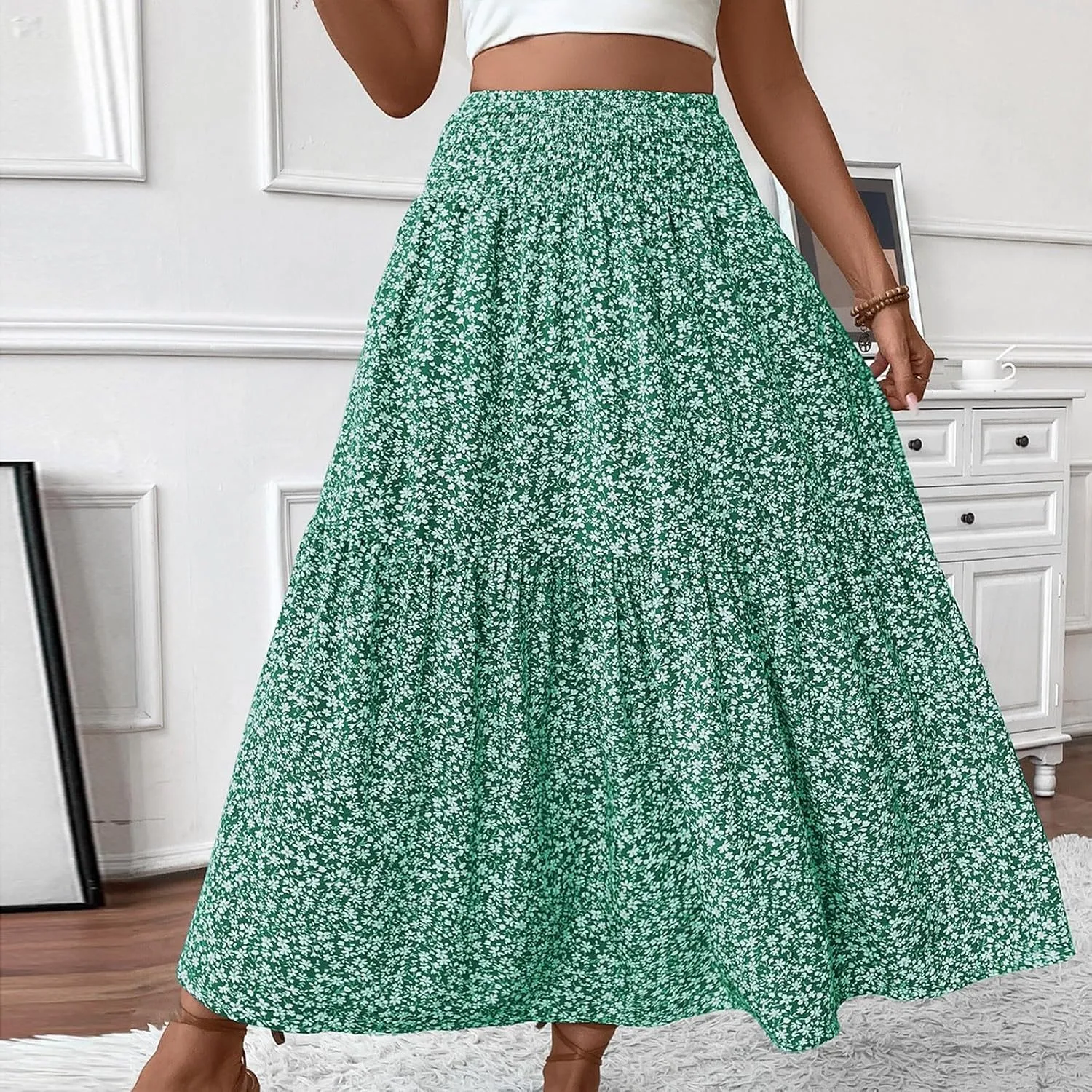 Summer Skirts for Women Maxi Skirt with Pockets Fashion Floral Print Elastic High Waisted Long Flowy Skirt
