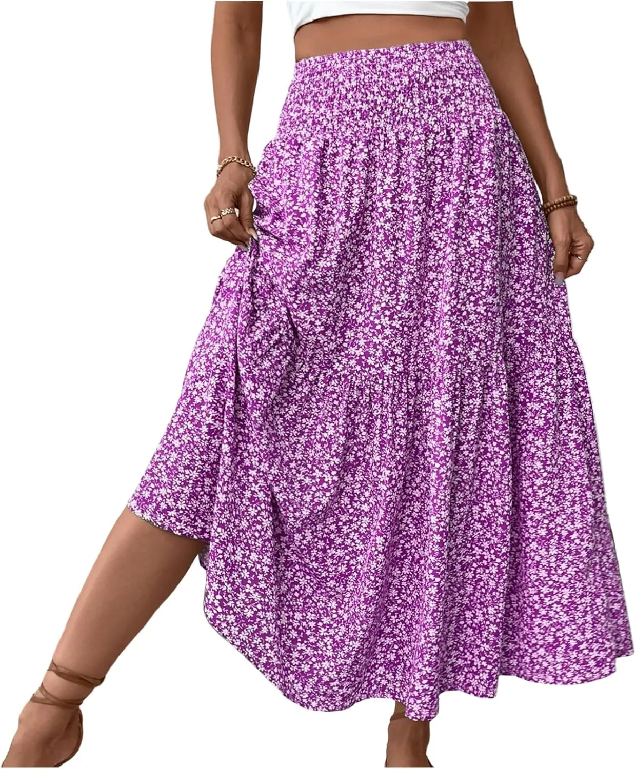 Summer Skirts for Women Maxi Skirt with Pockets Fashion Floral Print Elastic High Waisted Long Flowy Skirt