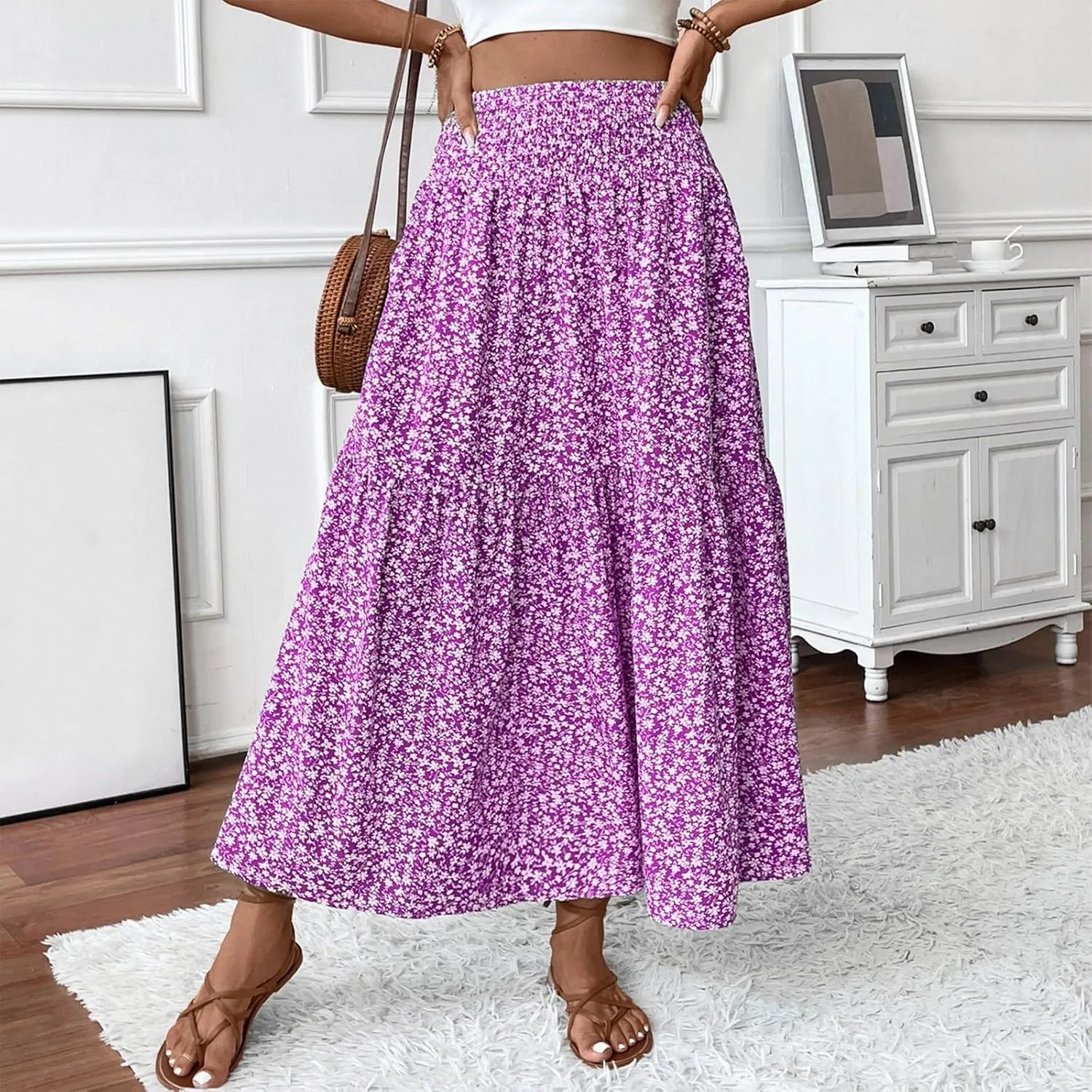 Summer Skirts for Women Maxi Skirt with Pockets Fashion Floral Print Elastic High Waisted Long Flowy Skirt