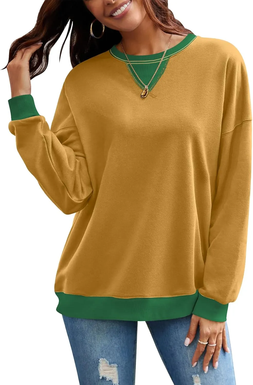 Sweatshirt for Women Oversized Striped Crewneck Long Sleeve Shirt Color Block Pullover Top Y2K Trendy Clothes 2024