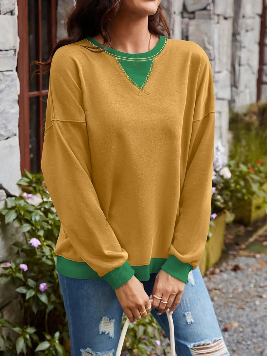 Sweatshirt for Women Oversized Striped Crewneck Long Sleeve Shirt Color Block Pullover Top Y2K Trendy Clothes 2024