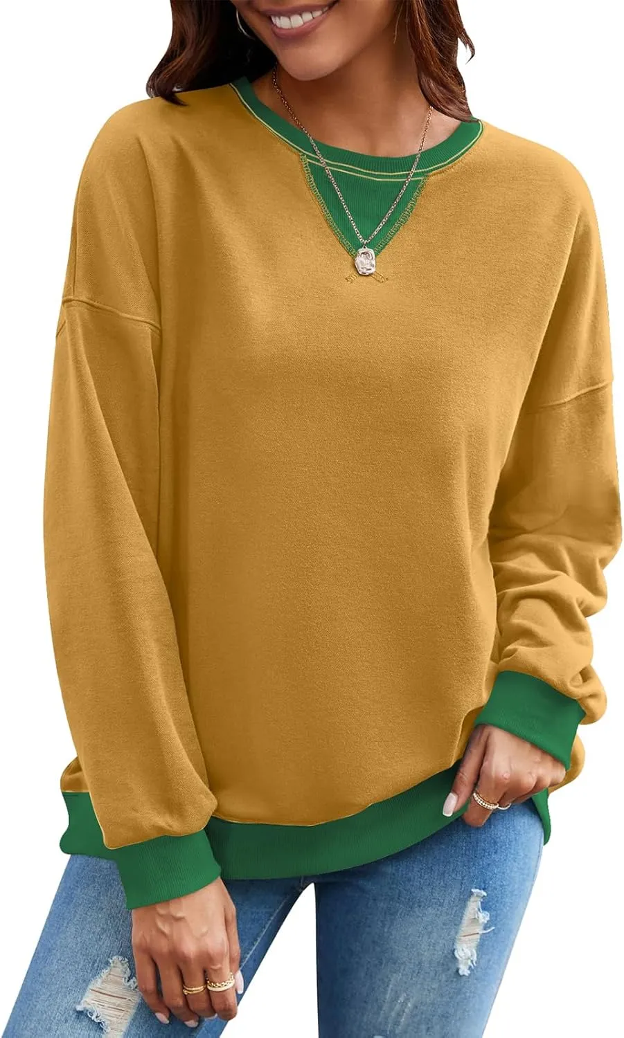 Sweatshirt for Women Oversized Striped Crewneck Long Sleeve Shirt Color Block Pullover Top Y2K Trendy Clothes 2024