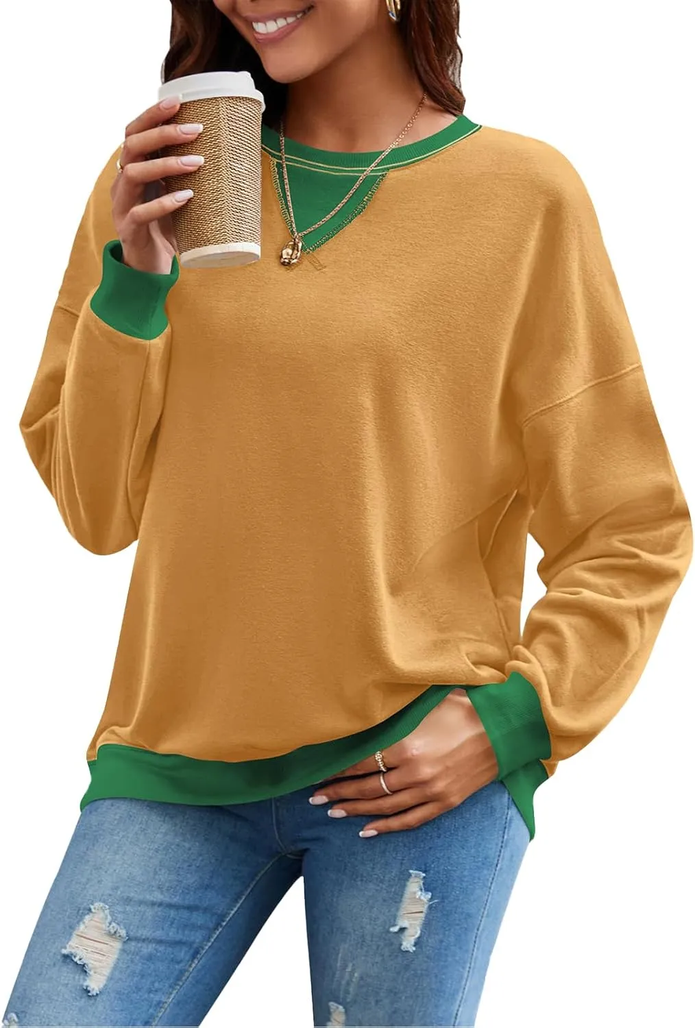 Sweatshirt for Women Oversized Striped Crewneck Long Sleeve Shirt Color Block Pullover Top Y2K Trendy Clothes 2024