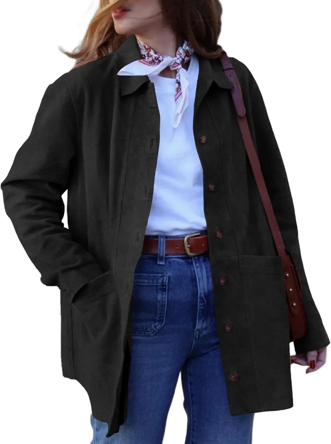 Tankaneo Womens Faux Suede Shirts Jackets Casual Button Down Long Sleeve Shackets Coat Trendy 2025 Spring Clothes