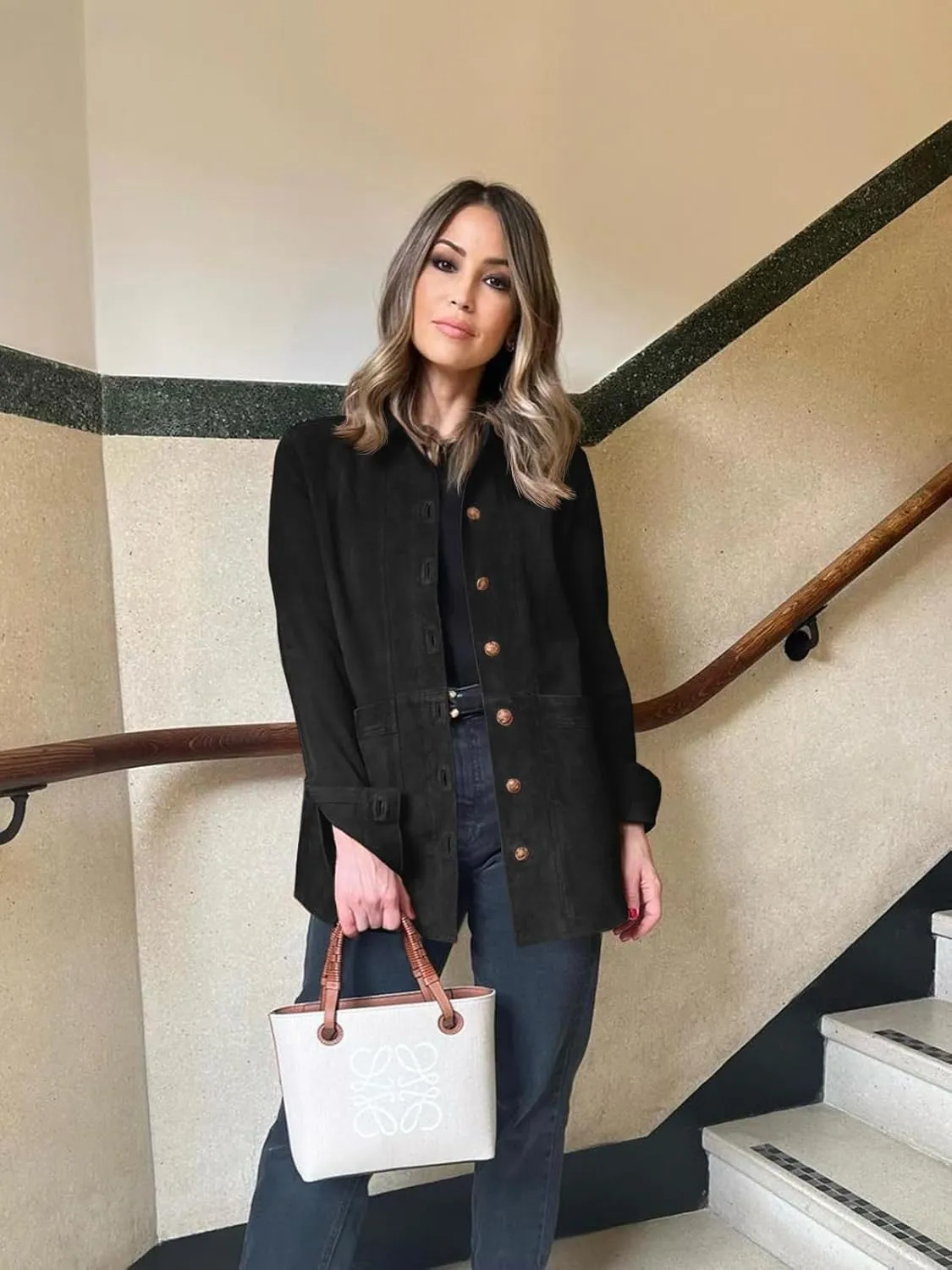 Tankaneo Womens Faux Suede Shirts Jackets Casual Button Down Long Sleeve Shackets Coat Trendy 2025 Spring Clothes