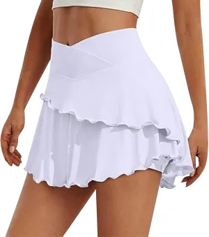 Tennis Skirt Pleated Skorts for Woman Double Ruffle Golf Skirts with Pockets Tummy Control Athletic Skorts for Woman