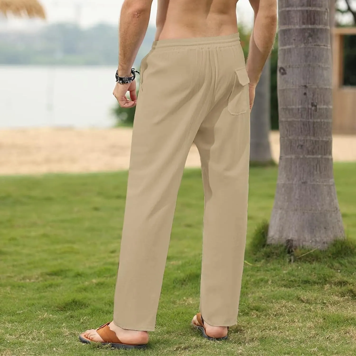 Thatrich Mens Casual Linen Pants Slim Fit Beach Pant Basic Beach Workout Trousers Lightweight Breathable Comfy Sweatpants