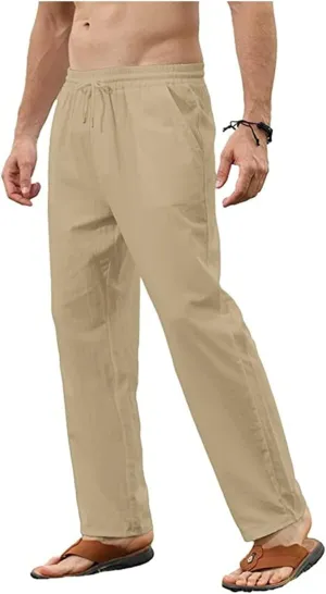Thatrich Mens Casual Linen Pants Slim Fit Beach Pant Basic Beach Workout Trousers Lightweight Breathable Comfy Sweatpants