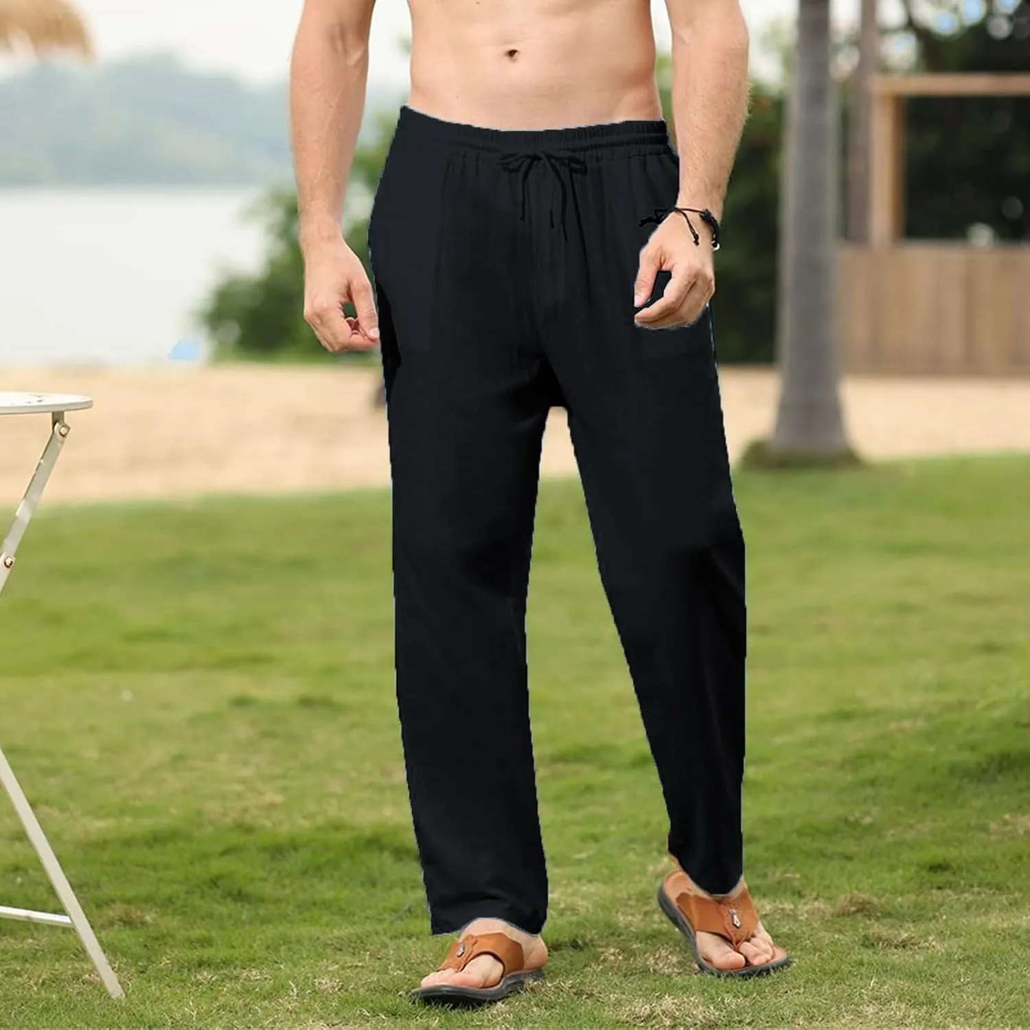 Thatrich Mens Casual Linen Pants Slim Fit Beach Pant Basic Beach Workout Trousers Lightweight Breathable Comfy Sweatpants