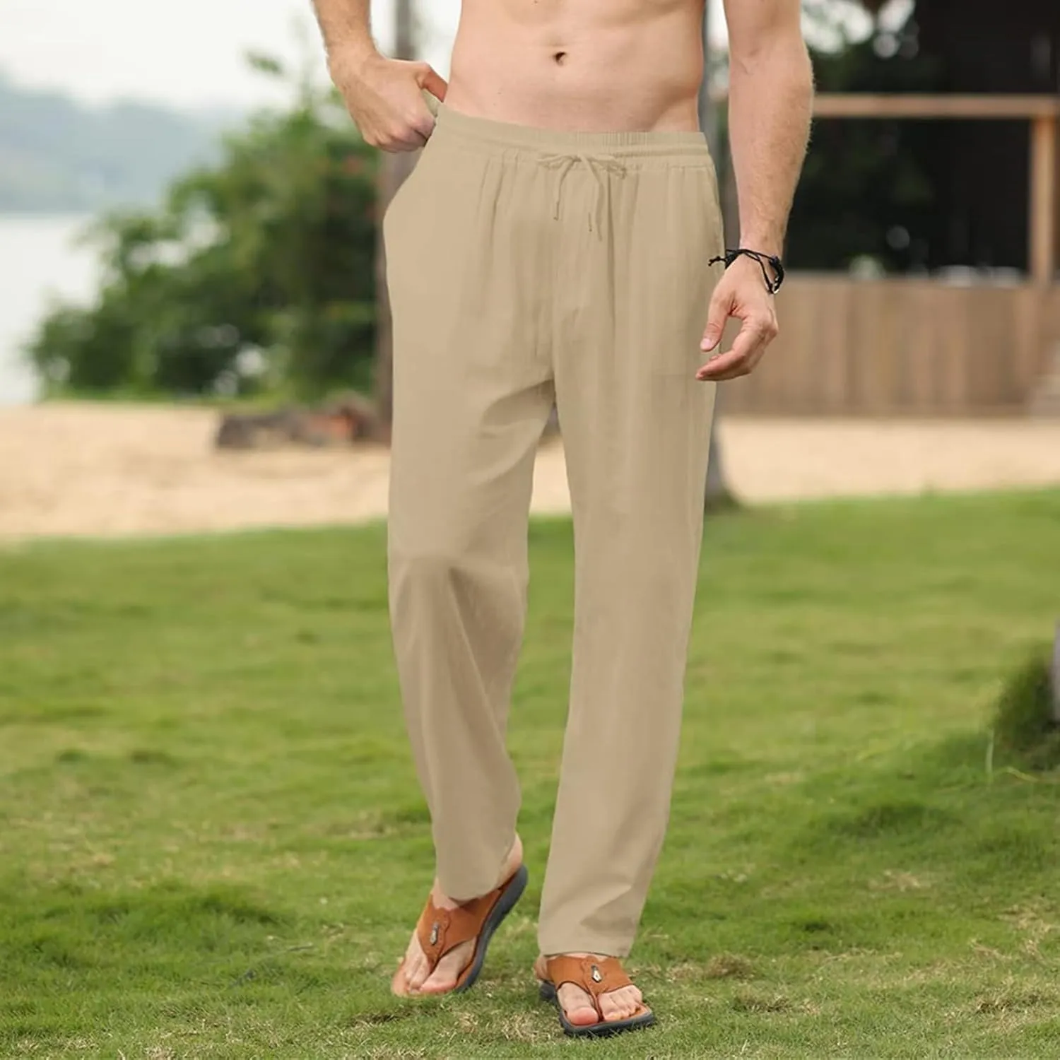 Thatrich Mens Casual Linen Pants Slim Fit Beach Pant Basic Beach Workout Trousers Lightweight Breathable Comfy Sweatpants