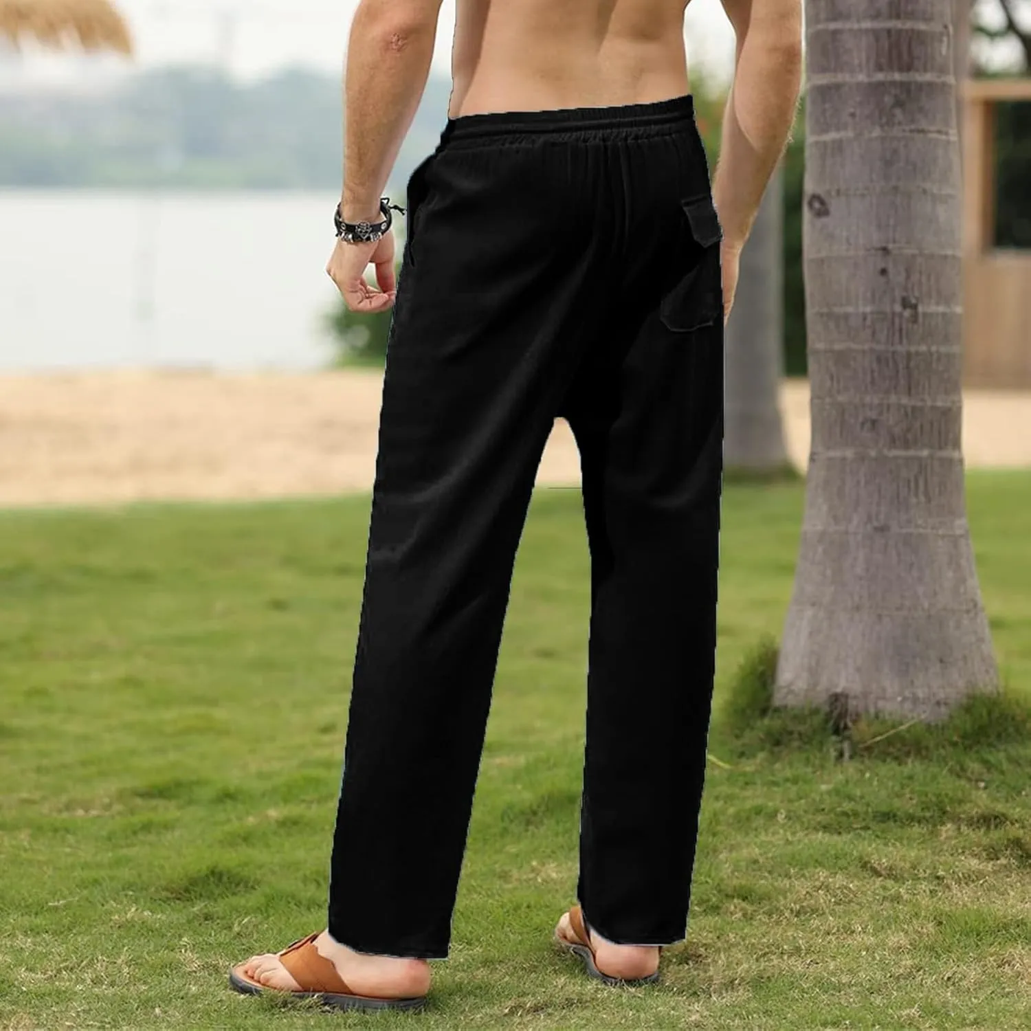 Thatrich Mens Casual Linen Pants Slim Fit Beach Pant Basic Beach Workout Trousers Lightweight Breathable Comfy Sweatpants