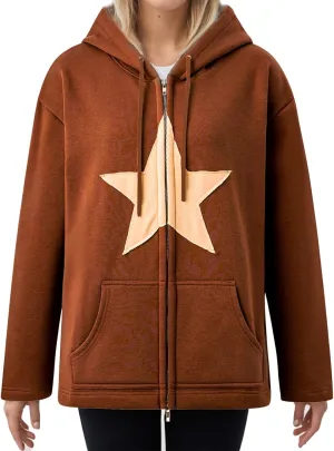 TIAFORD Women's Y2k Star Graphic Zip Up Hoodies Casual Oversize Long Sleeve Aesthetic Streetwear Jackets with Pocket
