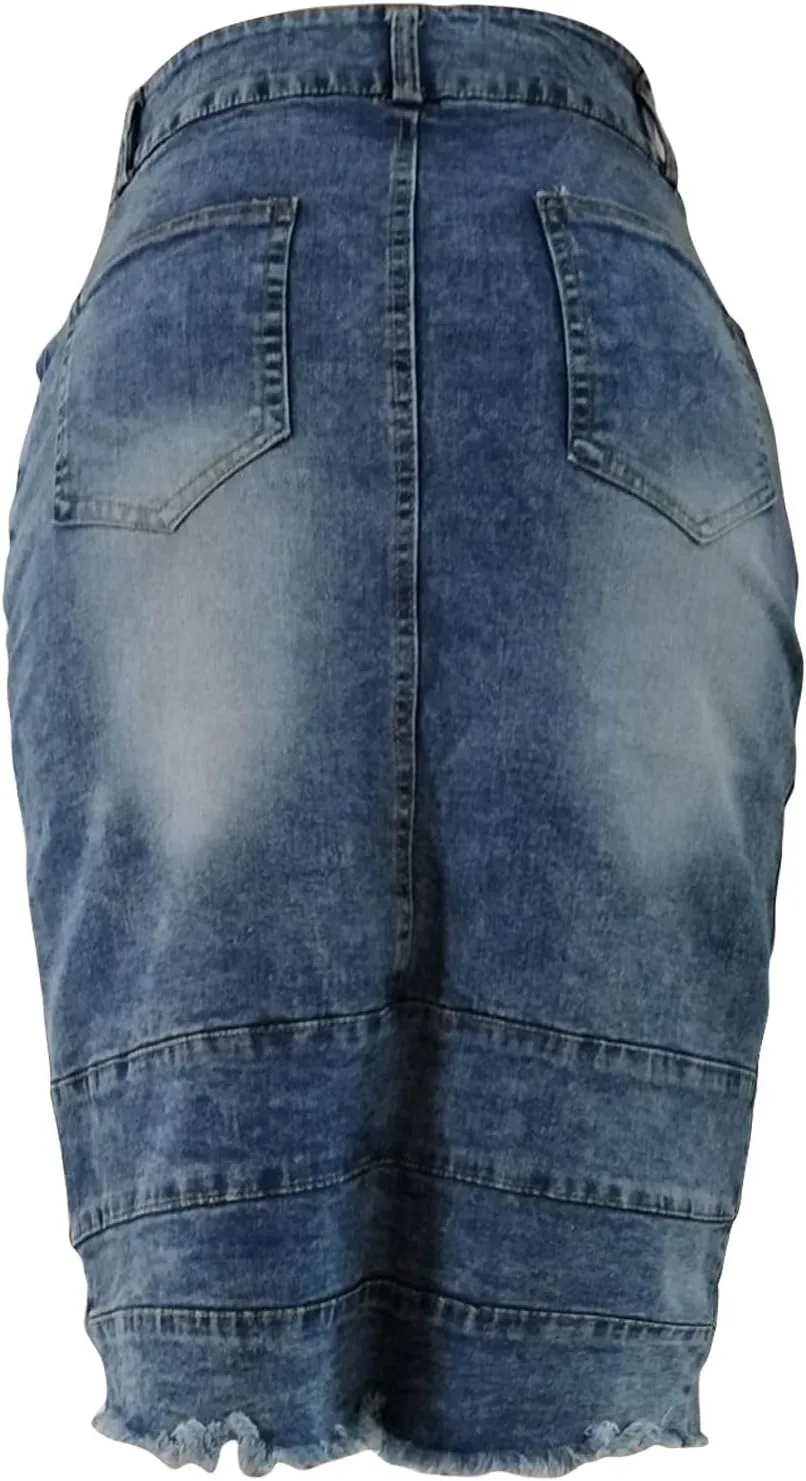 Trendy Tie Up Denim Skirt for Women Split High Waist Stretch Jean Midi Skirt Casual Slim Fit Long Pencil Skirt