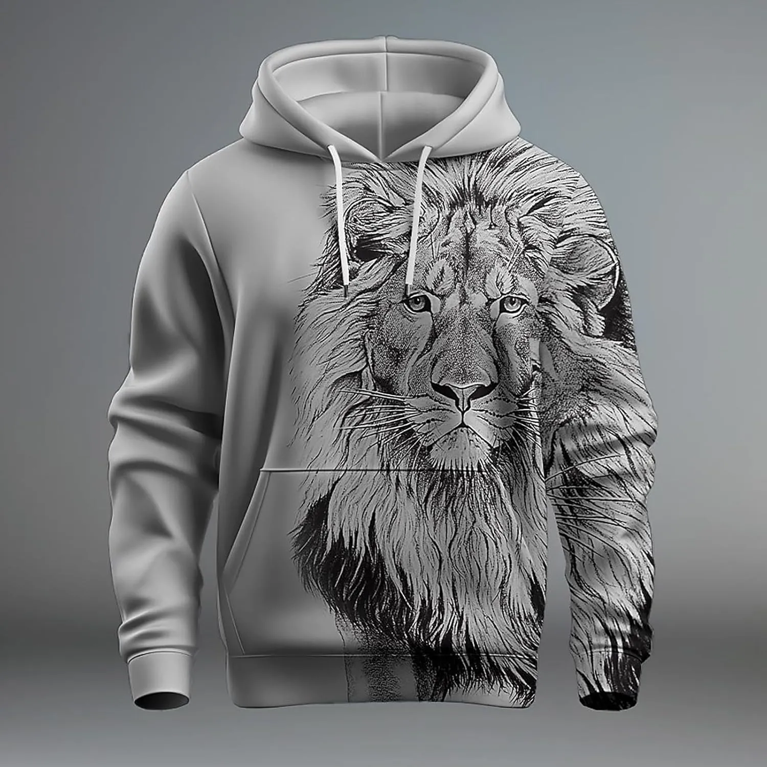 Trendy Workout Hoodies for Men 3D Lion Graphic Drawstring Long Sleeve Hooded Pullover Gym Athletic Casual Sweatshirts