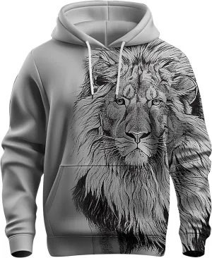 Trendy Workout Hoodies for Men 3D Lion Graphic Drawstring Long Sleeve Hooded Pullover Gym Athletic Casual Sweatshirts