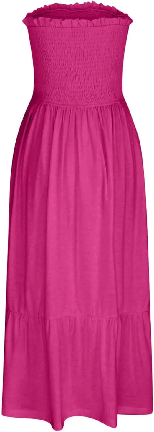 Tube Top Dress for Women Summer Solid Strapless Smocked Off Shoulder Boho Beach Dress Flowy Ruffle Long Maxi Dresses