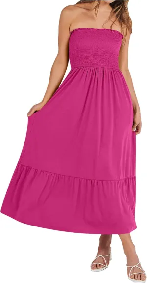 Tube Top Dress for Women Summer Solid Strapless Smocked Off Shoulder Boho Beach Dress Flowy Ruffle Long Maxi Dresses