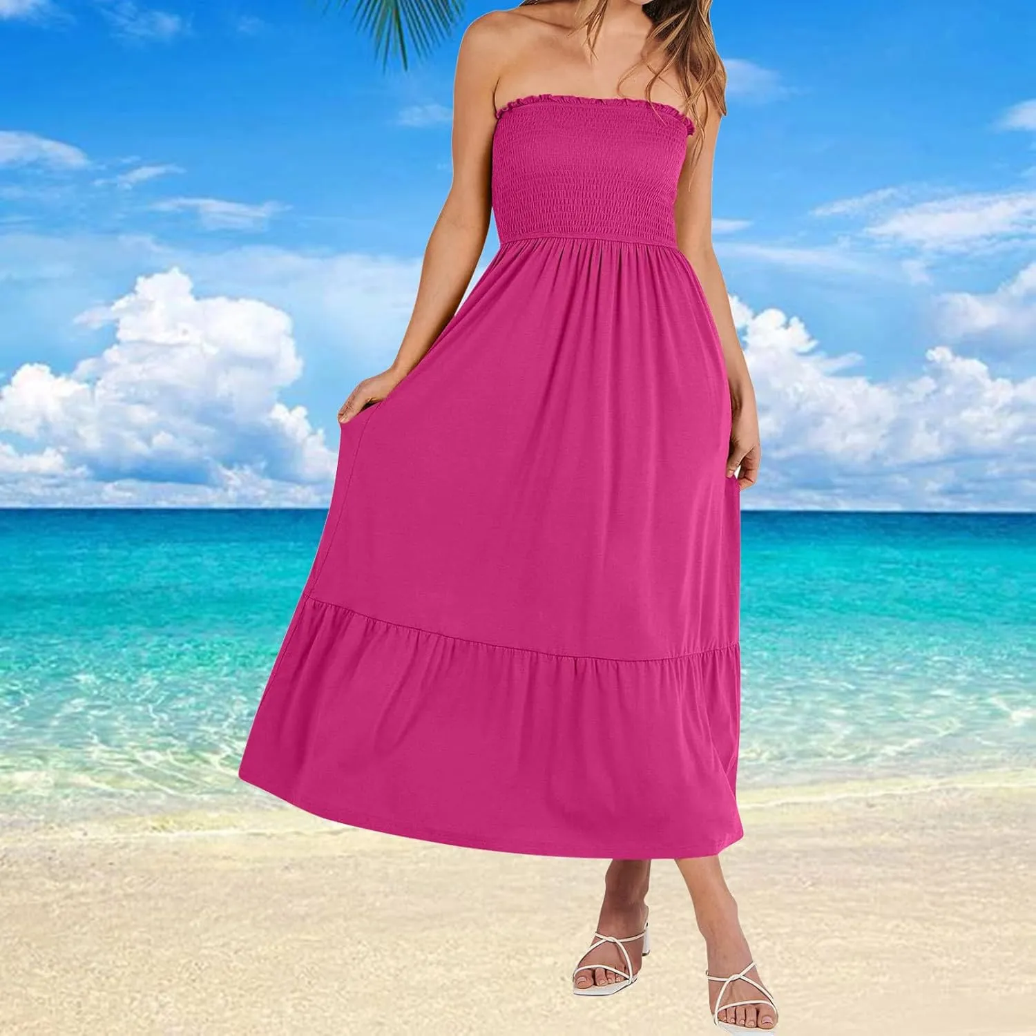Tube Top Dress for Women Summer Solid Strapless Smocked Off Shoulder Boho Beach Dress Flowy Ruffle Long Maxi Dresses
