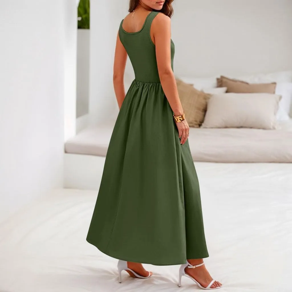 TWGONE Women's Summer Dresses 2025 Casual Sleeveless Patchwork Knit Sundresses Long Flowy Beach Dress with Pockets