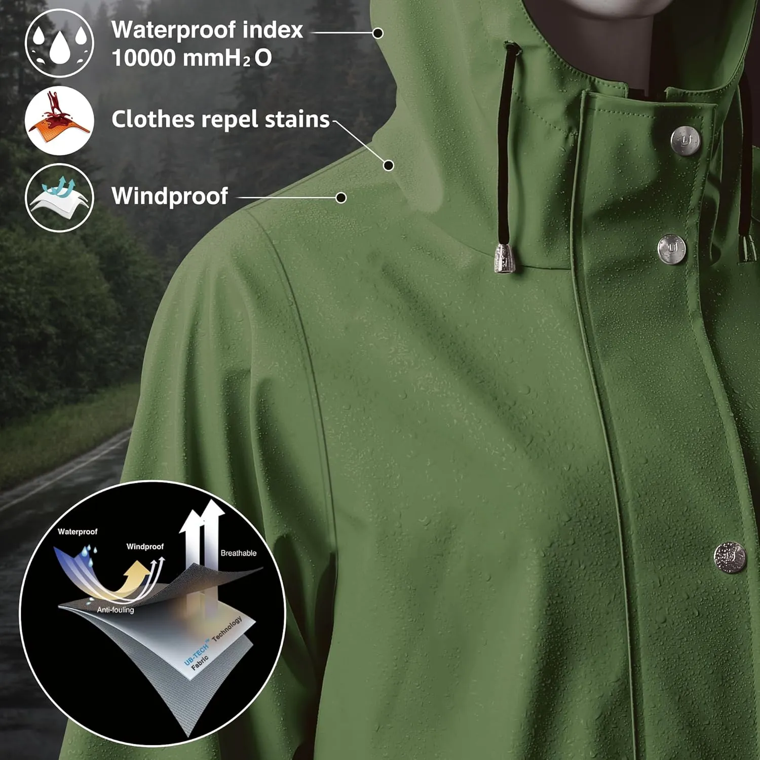 UNIQUEBELLA Rain Jackets for Women Waterproof, Raincoat Long Hooded Rain Coats Outdoor Windbreaker Trench Coat