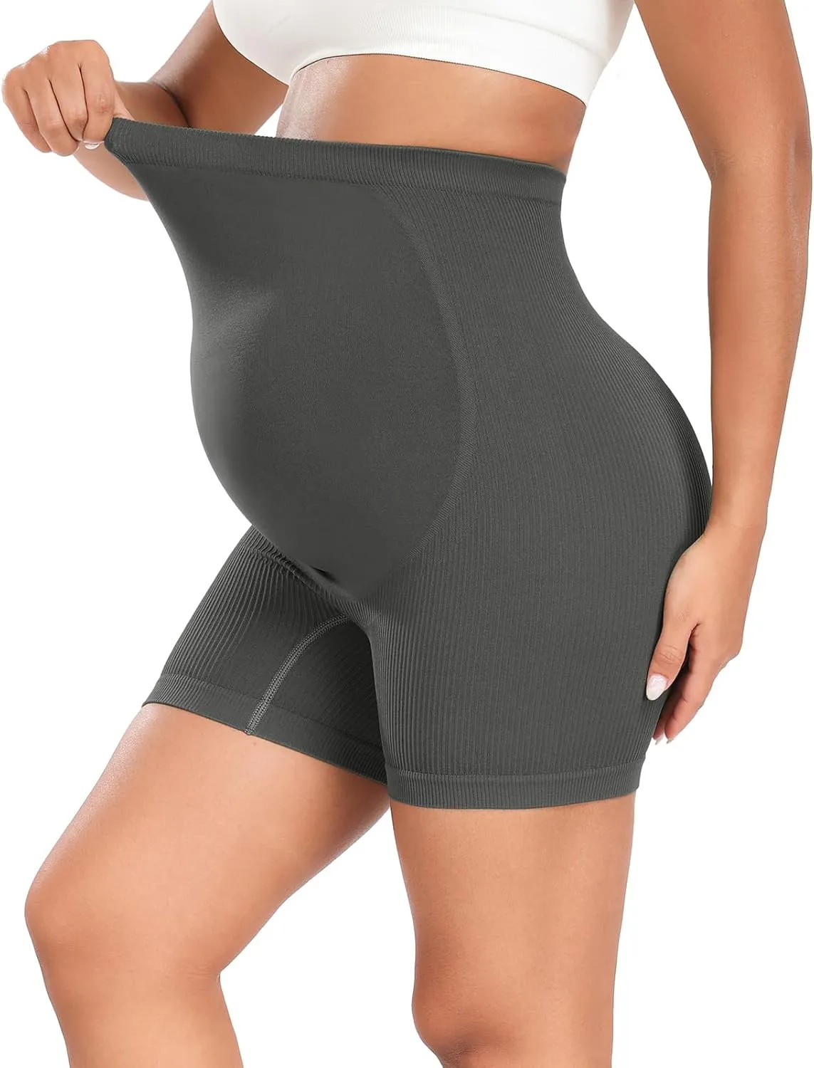URUWASHI Ribbed Maternity Shorts Over The Belly Seamless 5" Pregnancy Workout Athletic Biker Shorts for Women