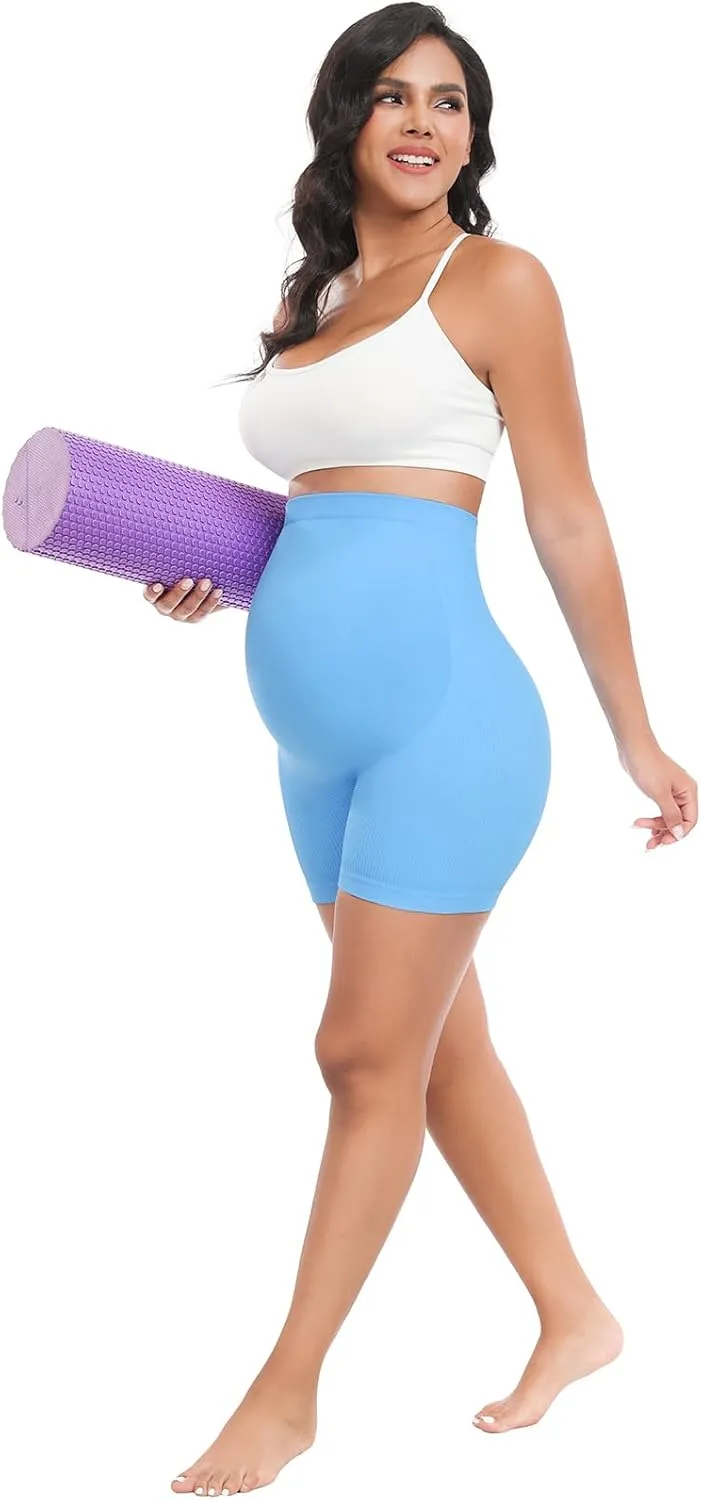 URUWASHI Ribbed Maternity Shorts Over The Belly Seamless 5" Pregnancy Workout Athletic Biker Shorts for Women