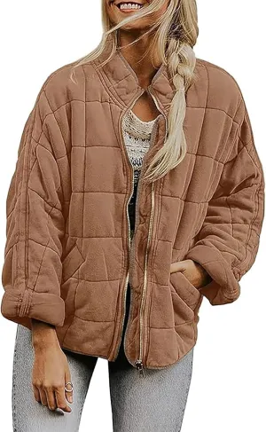 utcoco Women's Causal Lightweight Jacket Stand Collar Long Sleeve Zip Up Winter Coats for Women