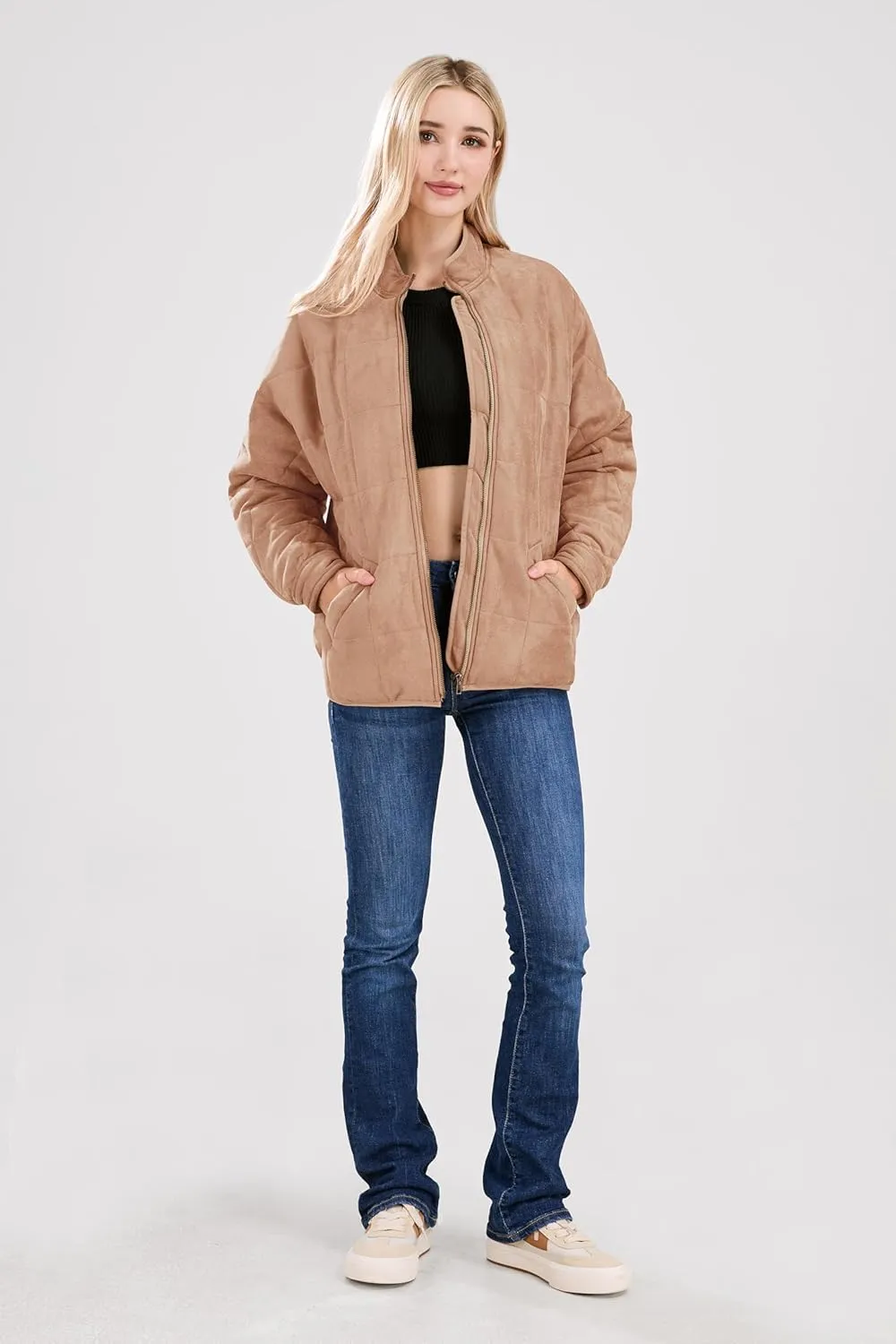 utcoco Women's Causal Lightweight Jacket Stand Collar Long Sleeve Zip Up Winter Coats for Women