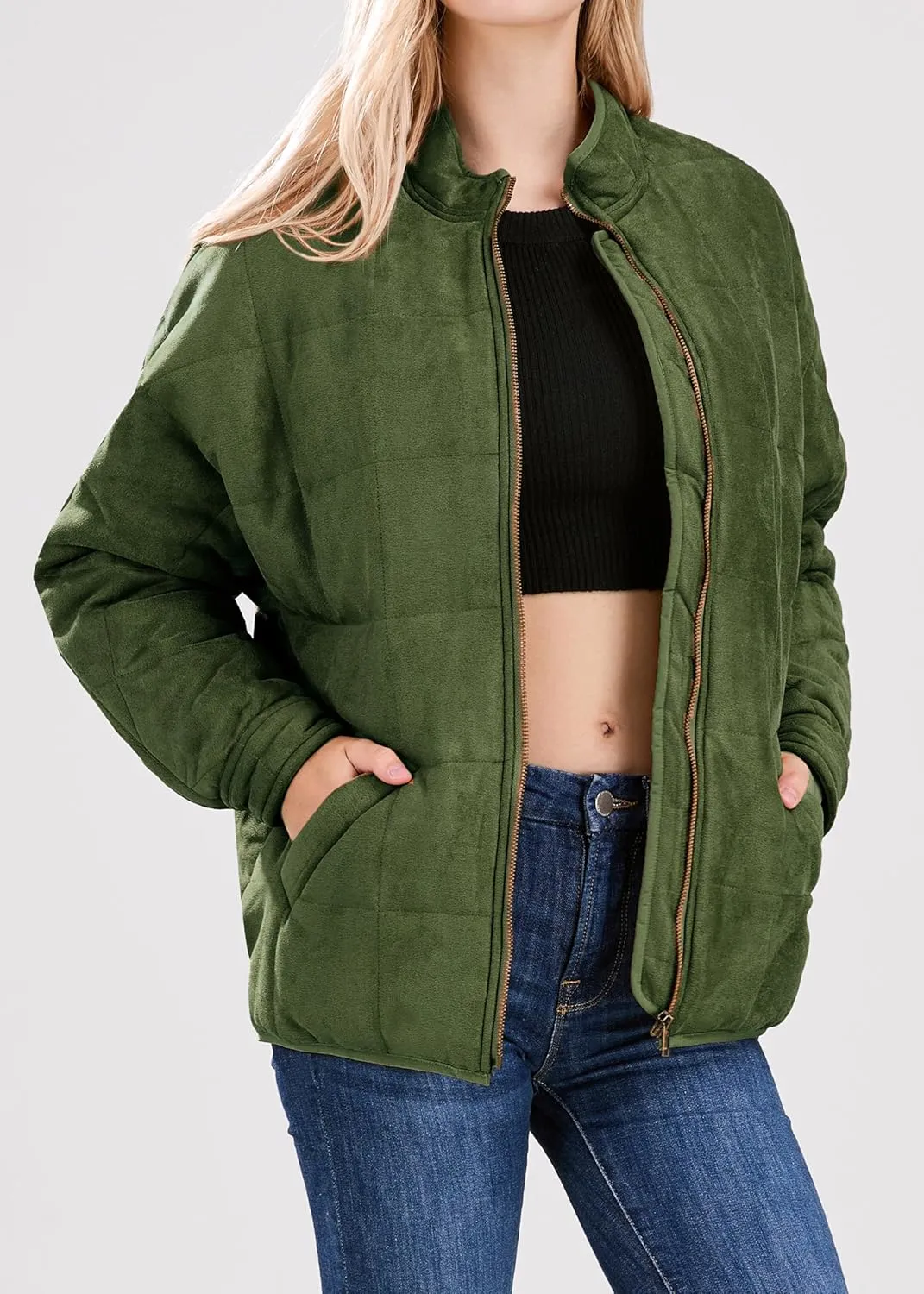 utcoco Women's Causal Lightweight Jacket Stand Collar Long Sleeve Zip Up Winter Coats for Women